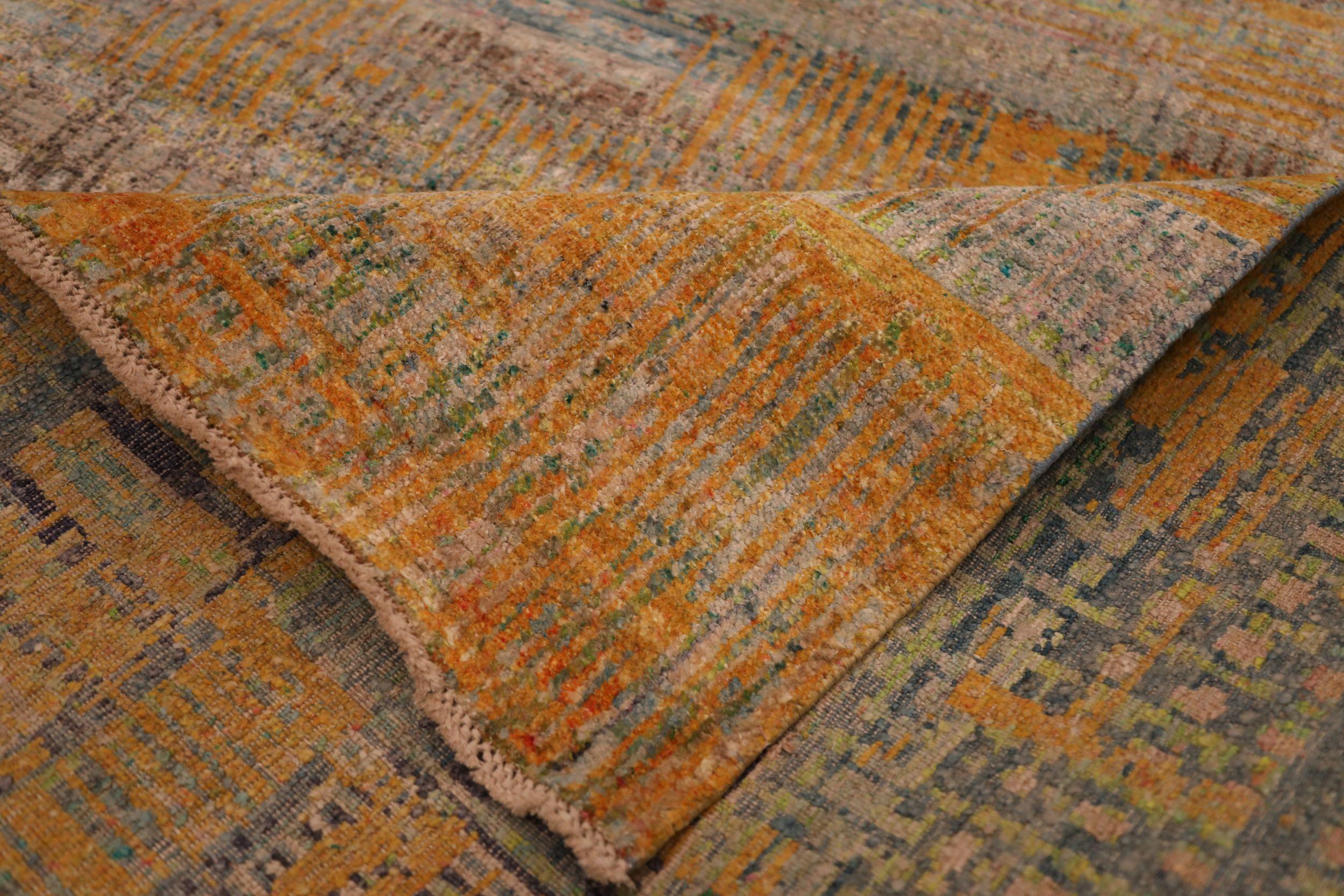 Indien Tapis modernes indiens en laine bleu vert orange jaune motif 93859 en vente