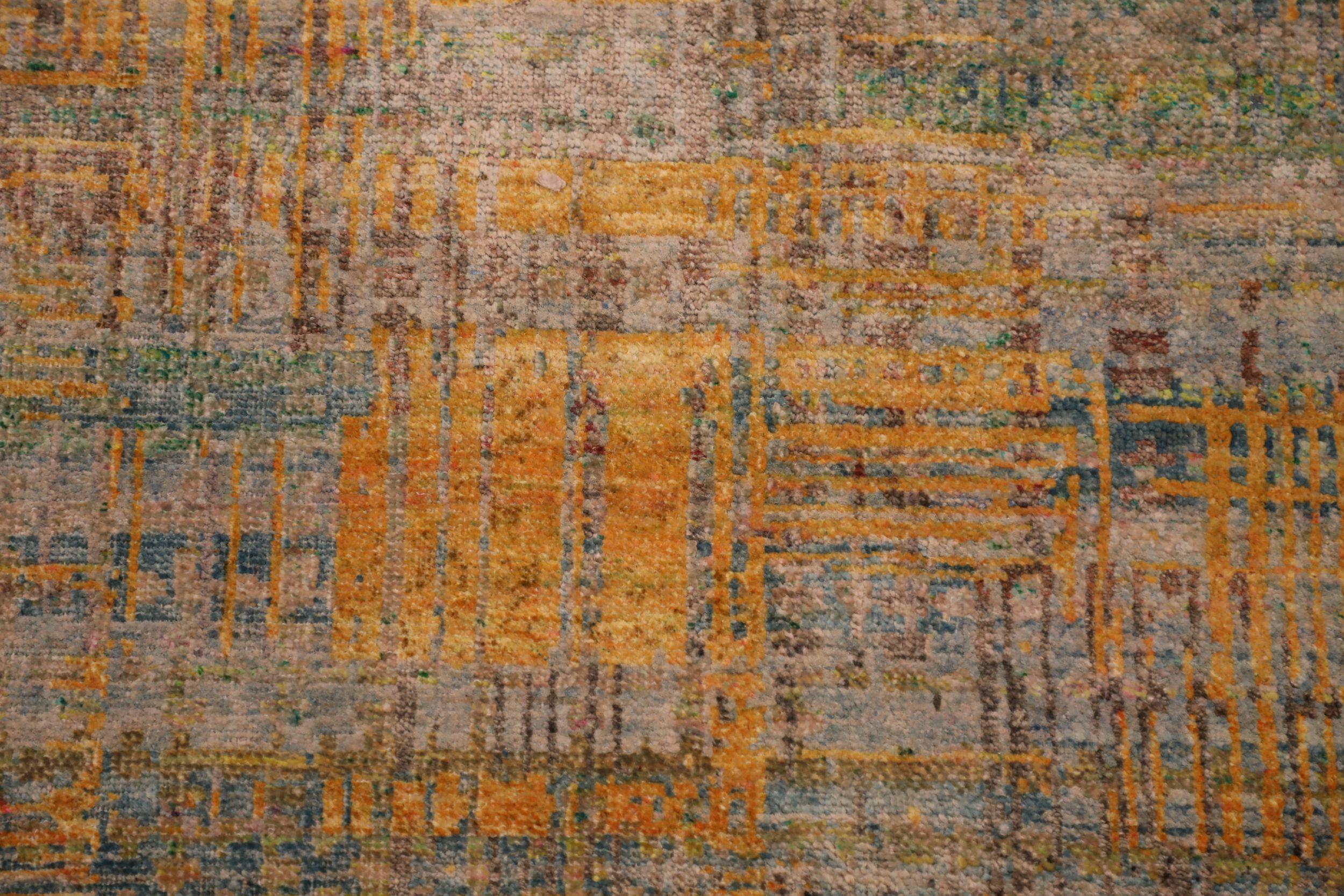 Tapis modernes indiens en laine bleu vert orange jaune motif 93859 Excellent état - En vente à Dallas, TX