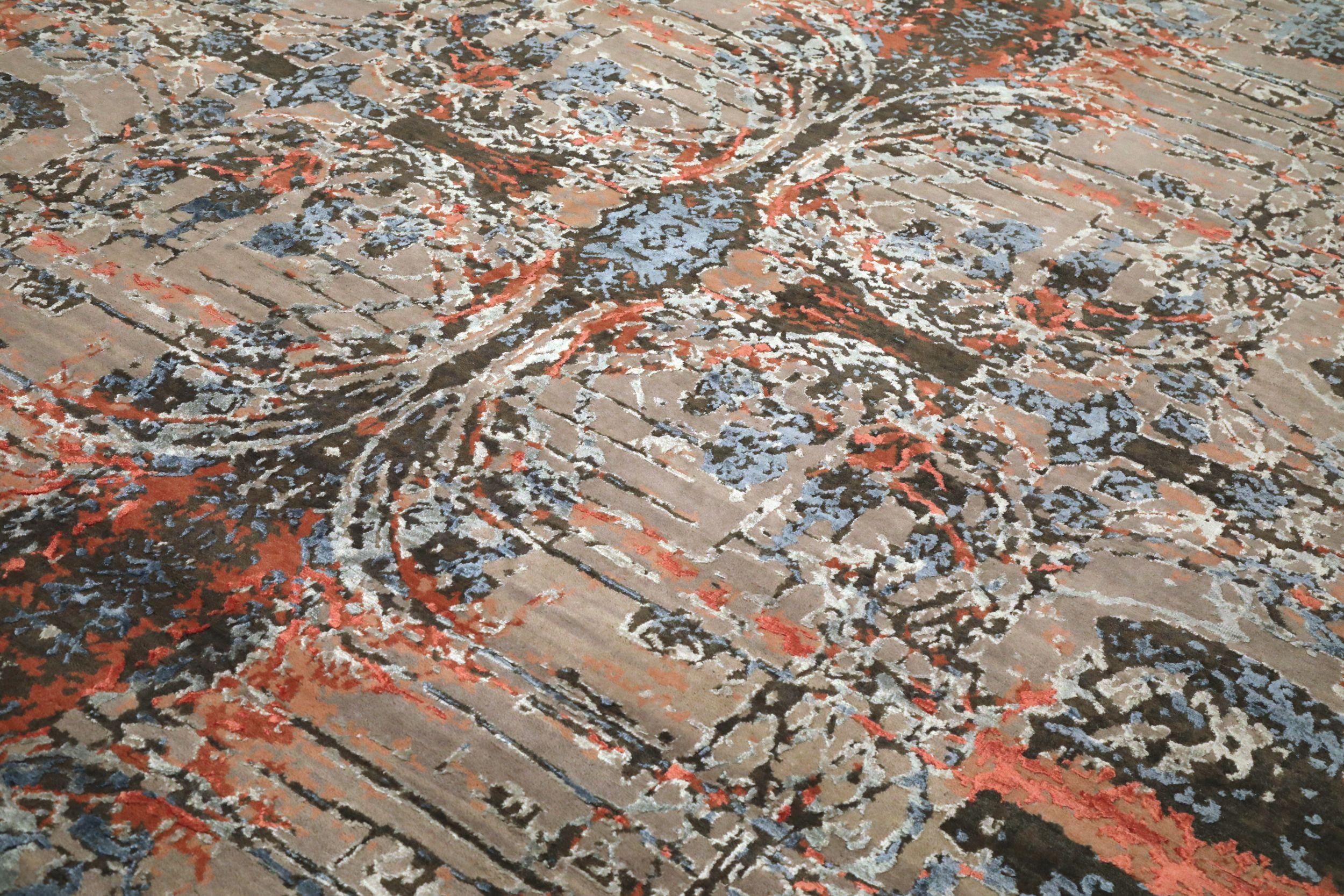 Moderne Tapis de sol India Modernity - Laine Brown Ivory Orange Design - 94159 en vente