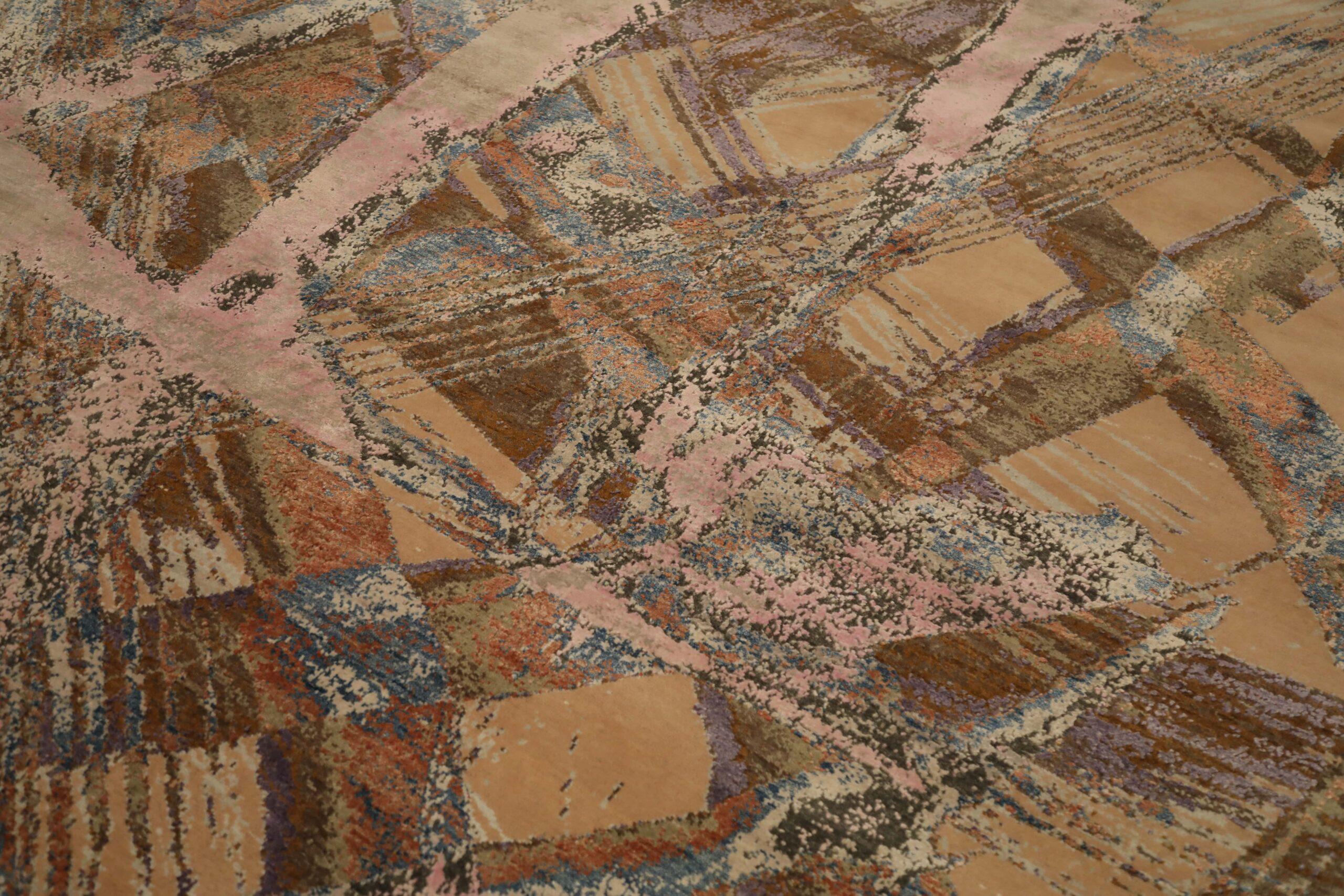 Indian India Modern Area Rugs - Wool Brown Ivory Pink Yellow Design - 93825 For Sale