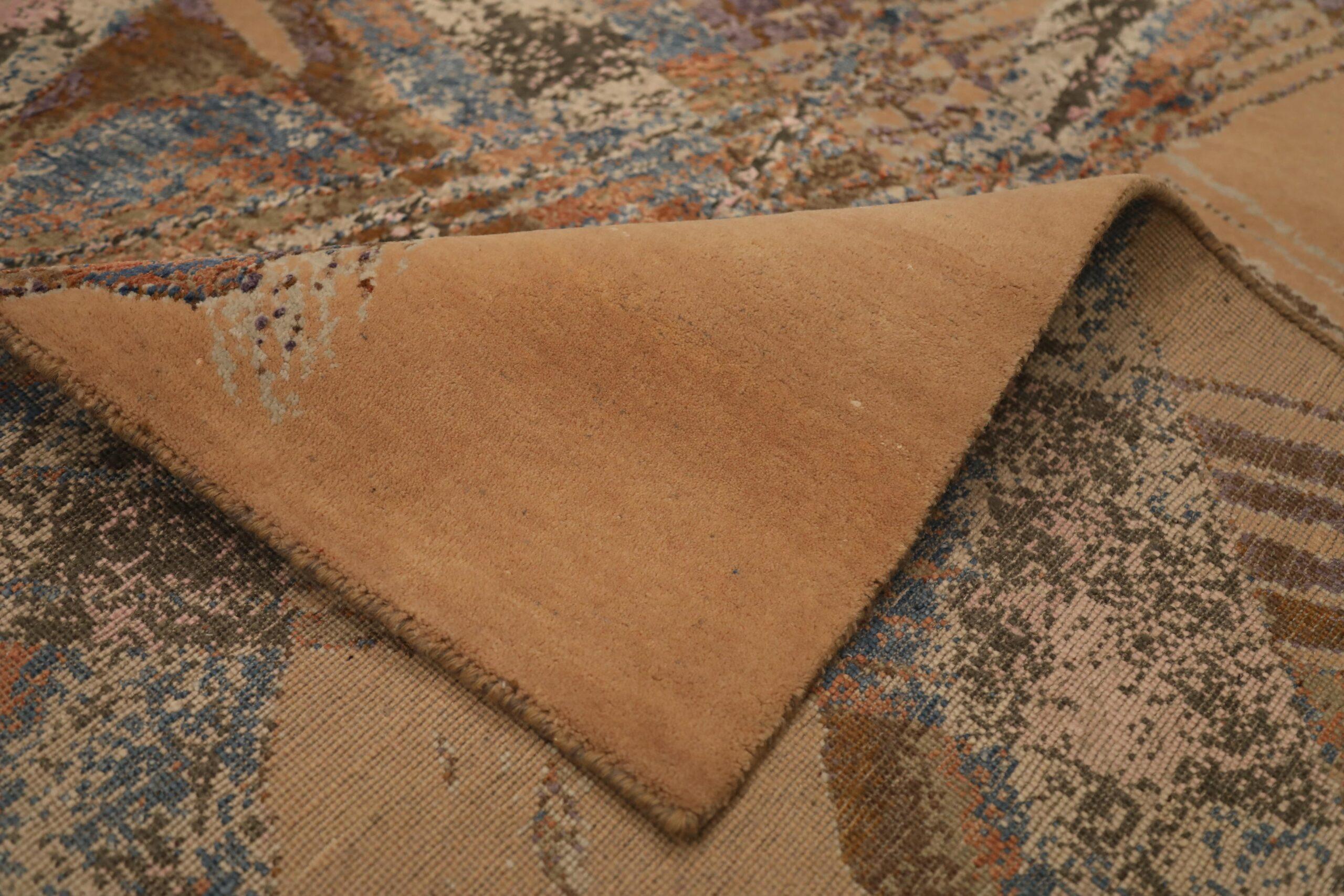 Hand-Knotted India Modern Area Rugs - Wool Brown Ivory Pink Yellow Design - 93825 For Sale