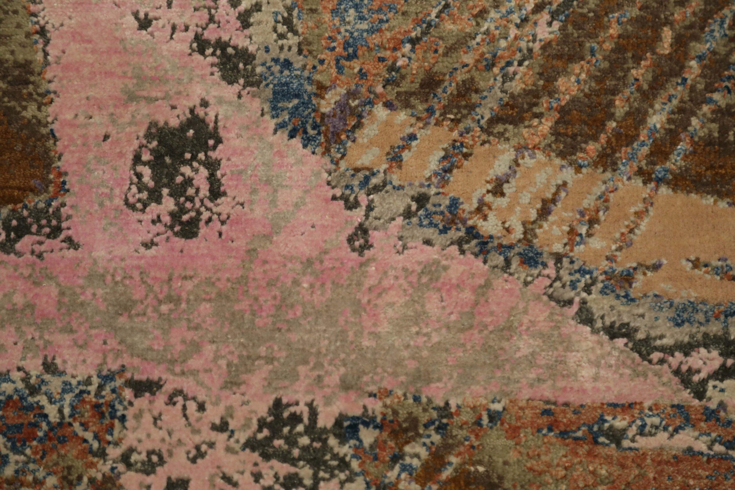 India Modern Area Rugs - Wool Brown Ivory Pink Yellow Design - 93825 In Excellent Condition For Sale In Dallas, TX