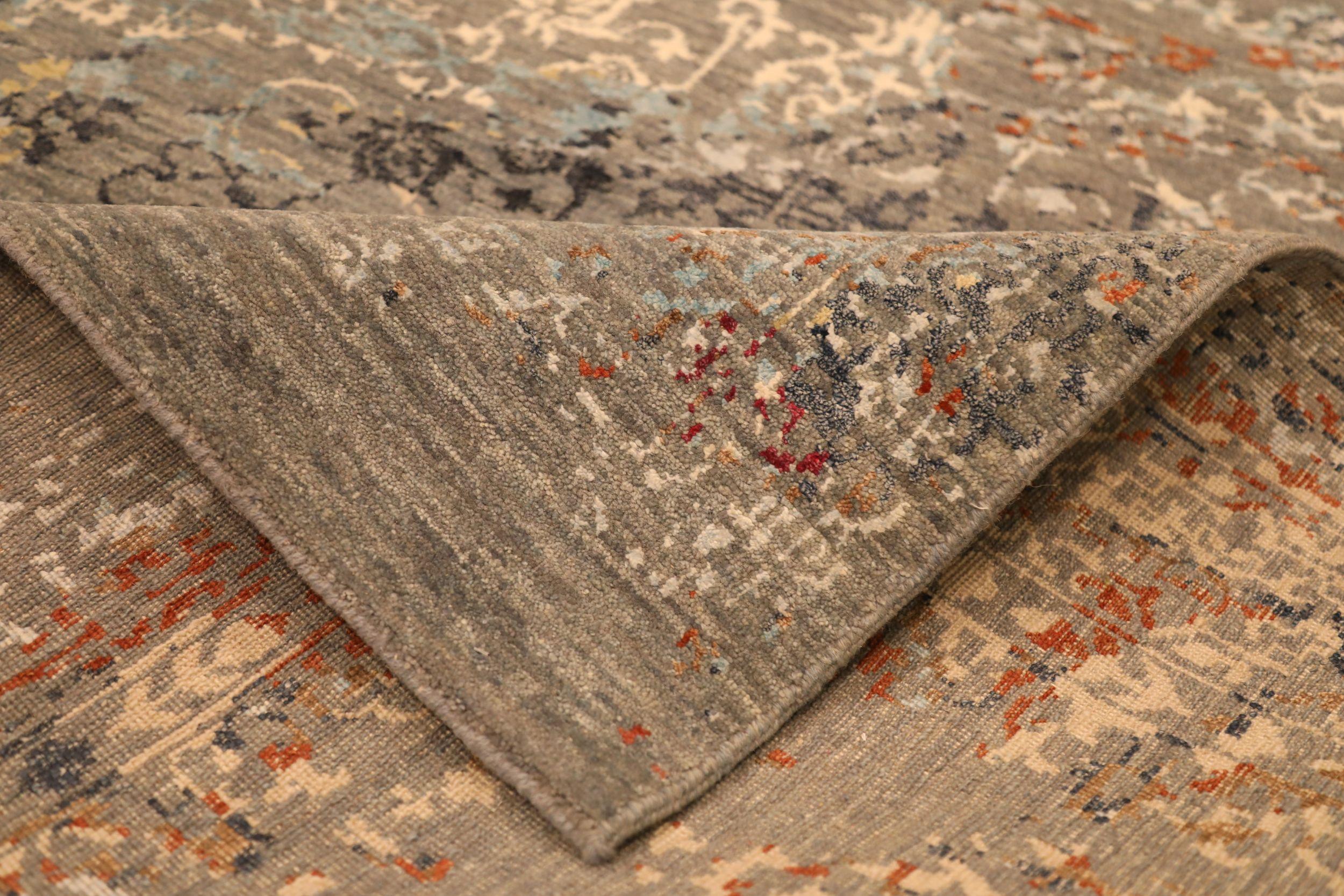 Indien Modern Area Rugs - Wolle Grau Elfenbein Rot Design - 93850 (Indisch) im Angebot