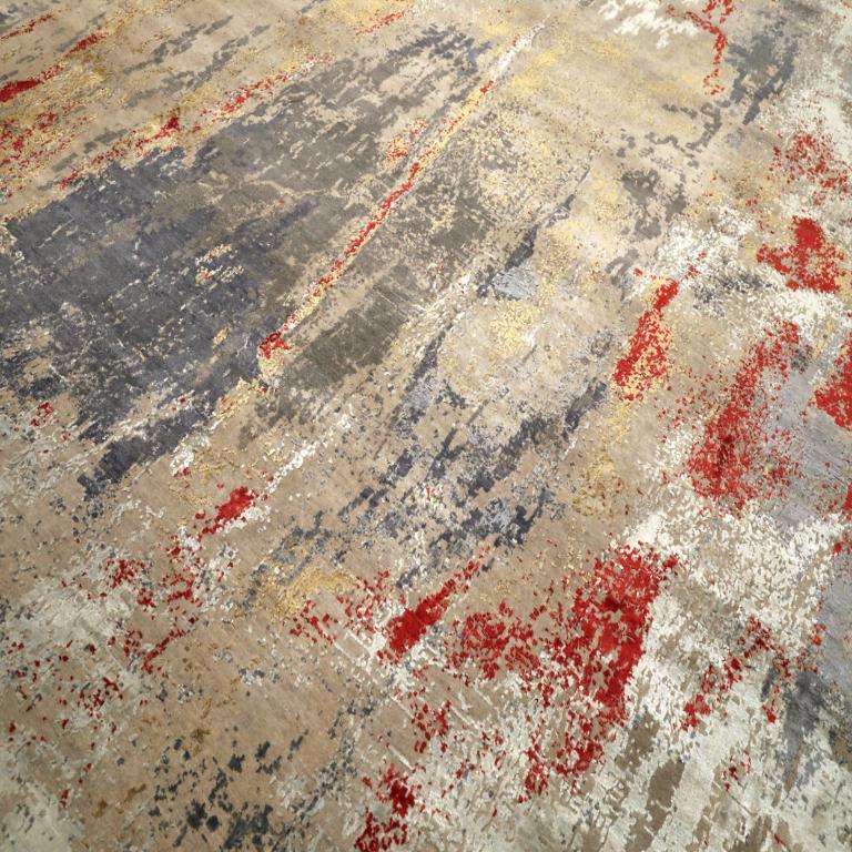 Indien Modern Area Rugs - Wolle Grau Elfenbein Rot Design - 94128 (Moderne) im Angebot