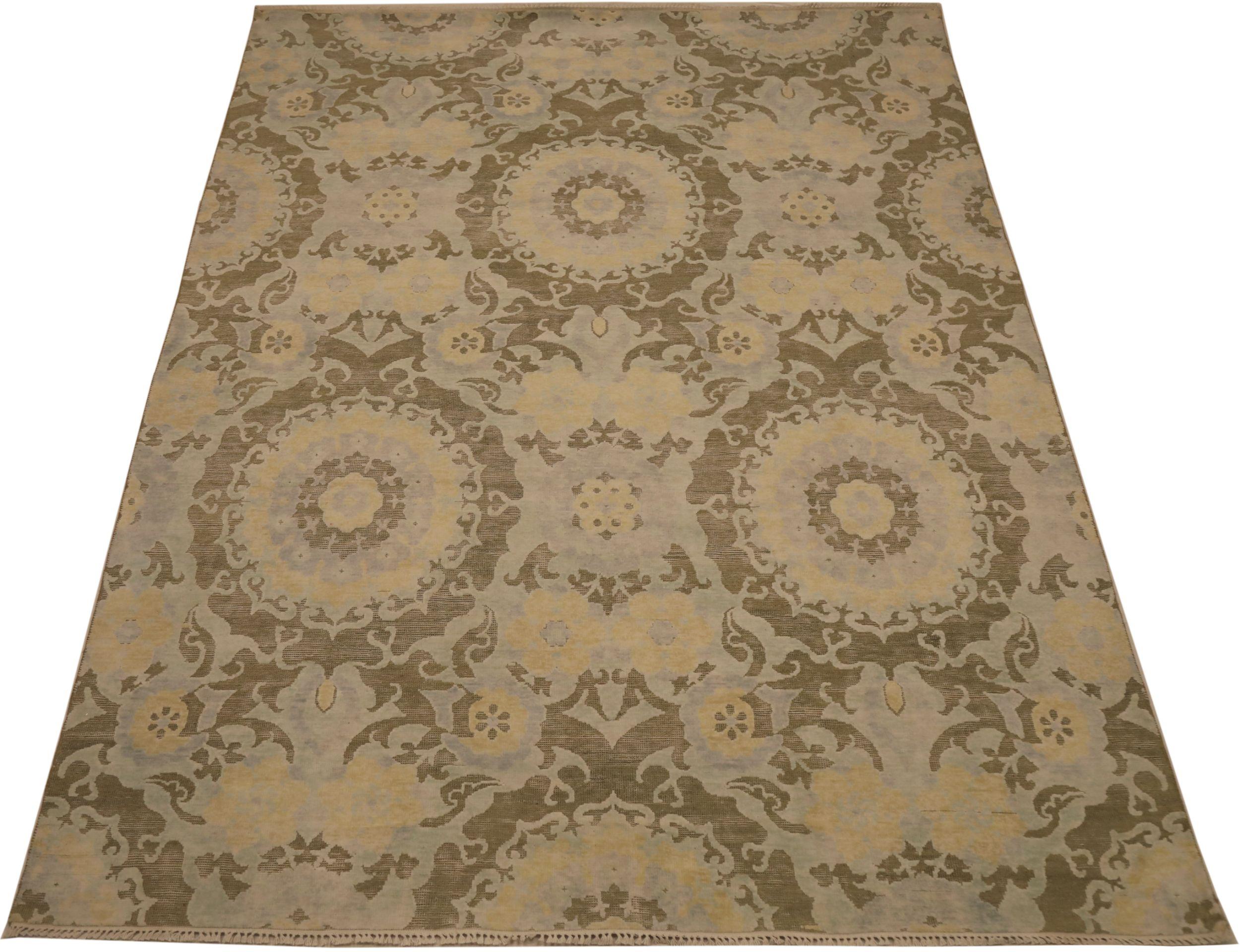 Moderne Tapis modernes indiens - motif en laine vert ivoire jaune 93838 en vente