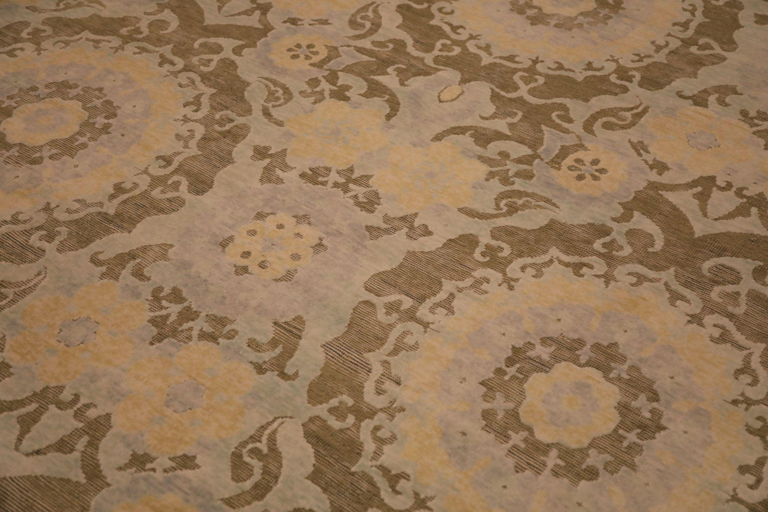 Indien Tapis modernes indiens - motif en laine vert ivoire jaune 93838 en vente