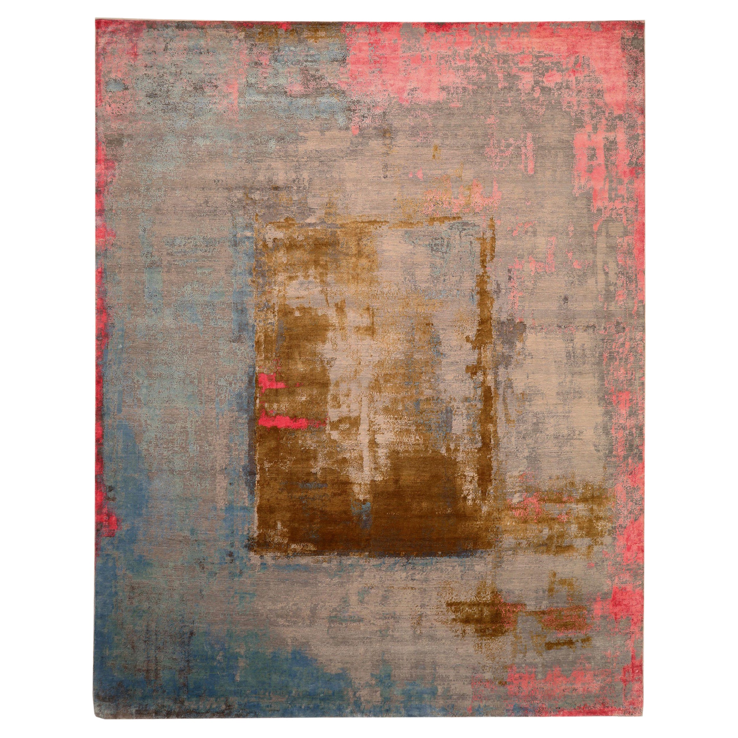 Indien Modern Over Size Teppich - Wolle Blau Braun Elfenbein Rosa Design - 93873