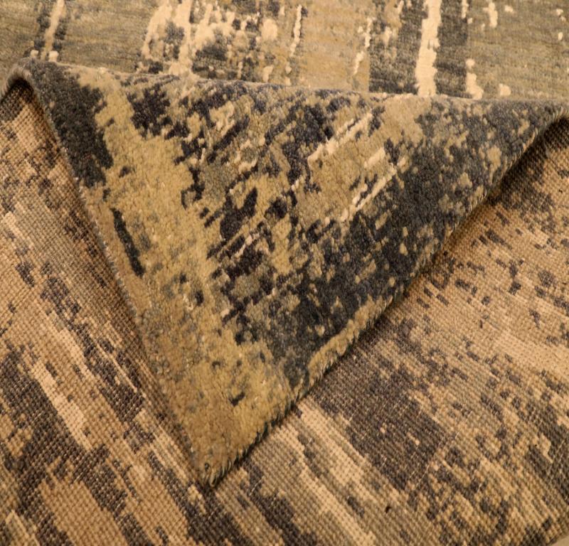 Moderner indischer Läufer - Wolle Schwarz Grau Elfenbein Taupe Design - 94262 (Handgeknüpft) im Angebot