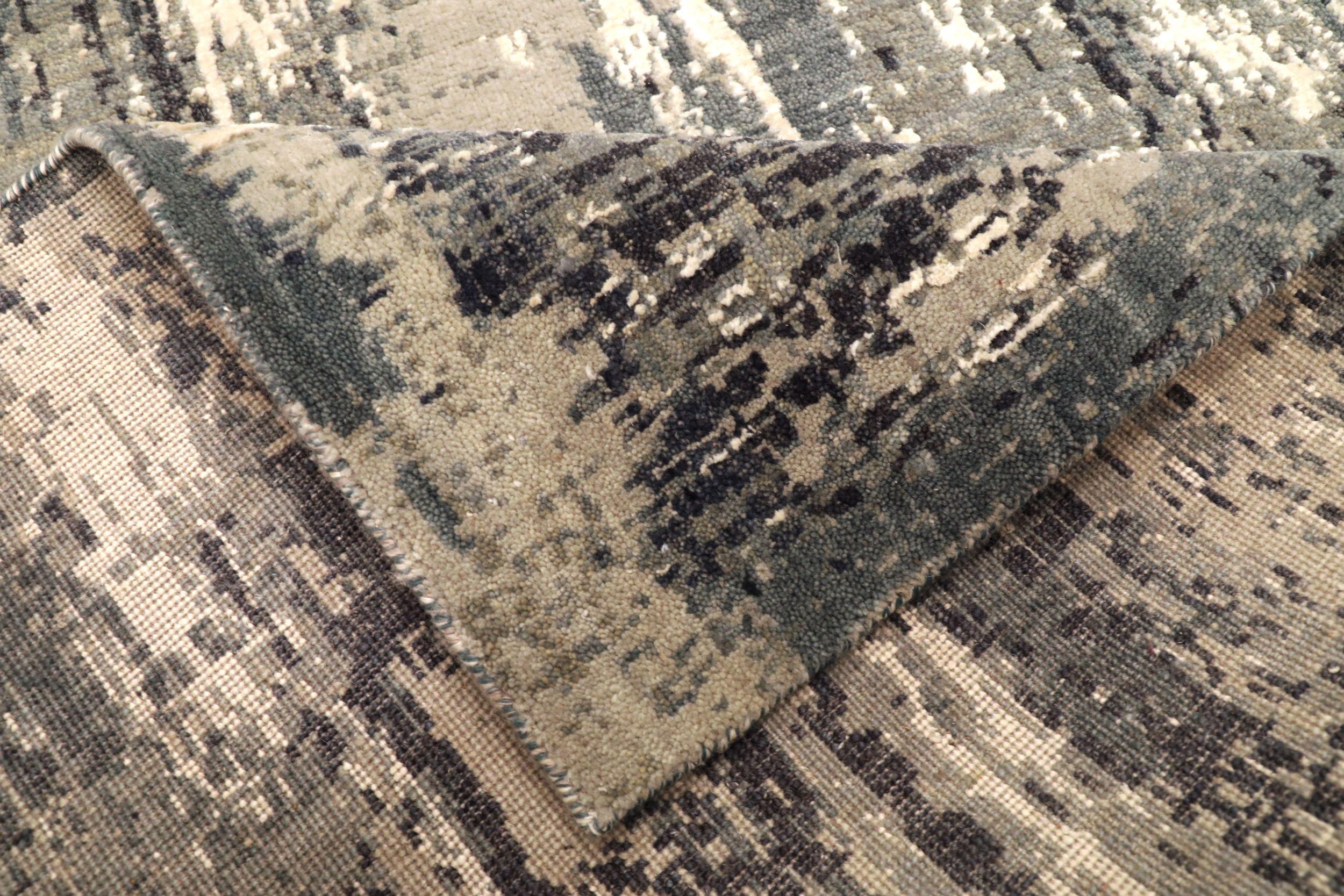 Moderner indischer Läufer - Wolle Schwarz Elfenbein Taupe Design - 94212 im Zustand „Hervorragend“ im Angebot in Dallas, TX