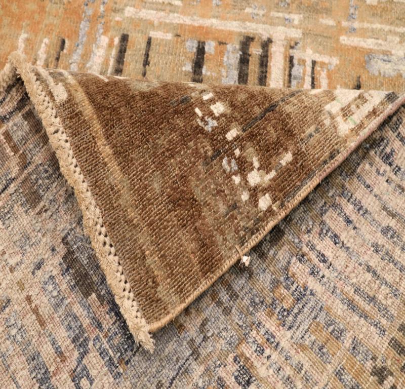 India Modern Runner Rug - Wool Brown Gray Ivory Yellow Design - 94264 (Moderne) im Angebot