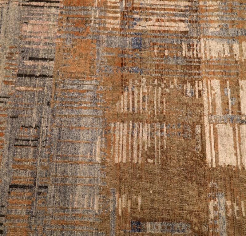 India Modern Runner Rug - Wool Brown Gray Ivory Yellow Design - 94264 (Handgeknüpft) im Angebot