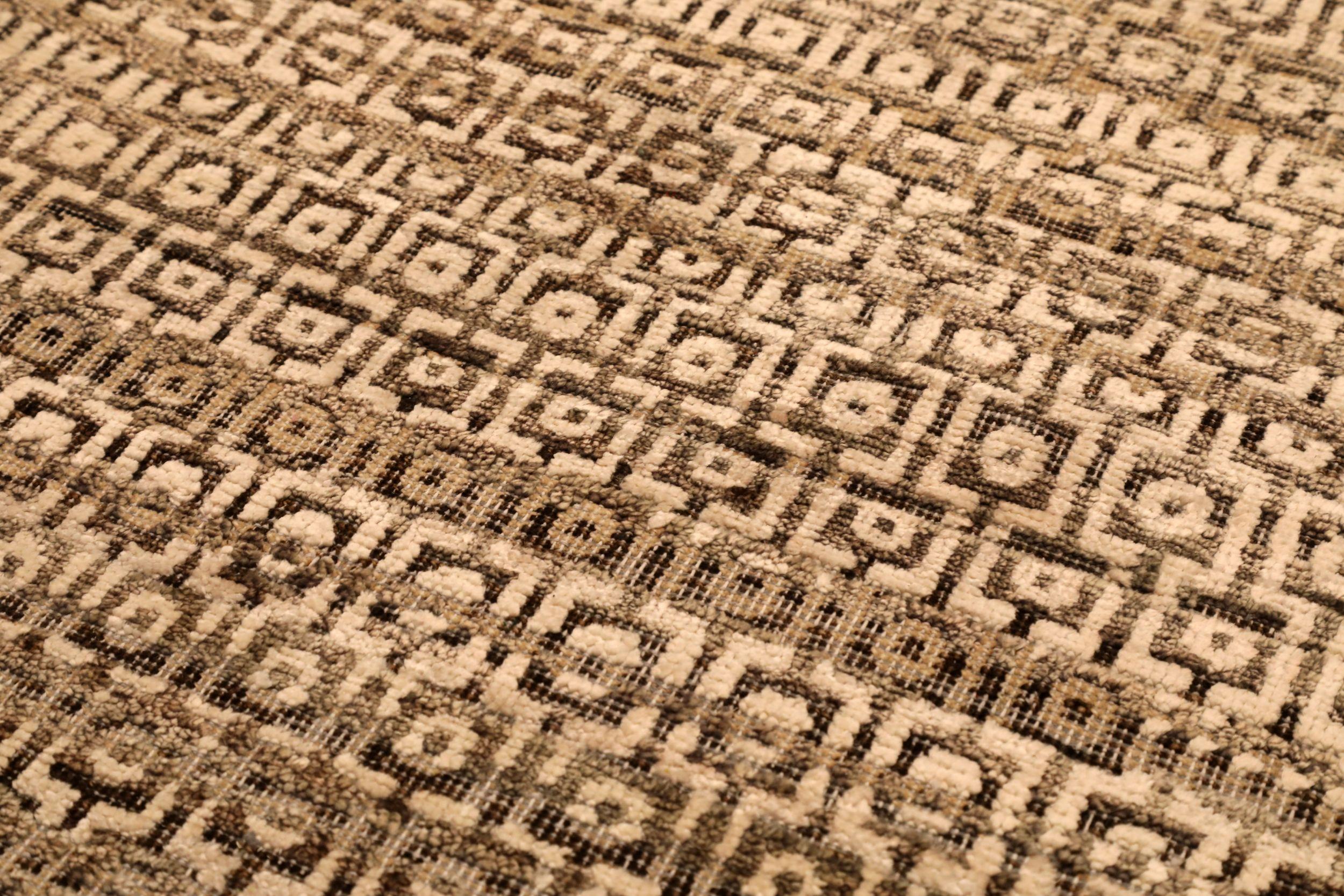 India Modern Runner Rug - Wool Brown Ivory Design - 94049 (Moderne) im Angebot