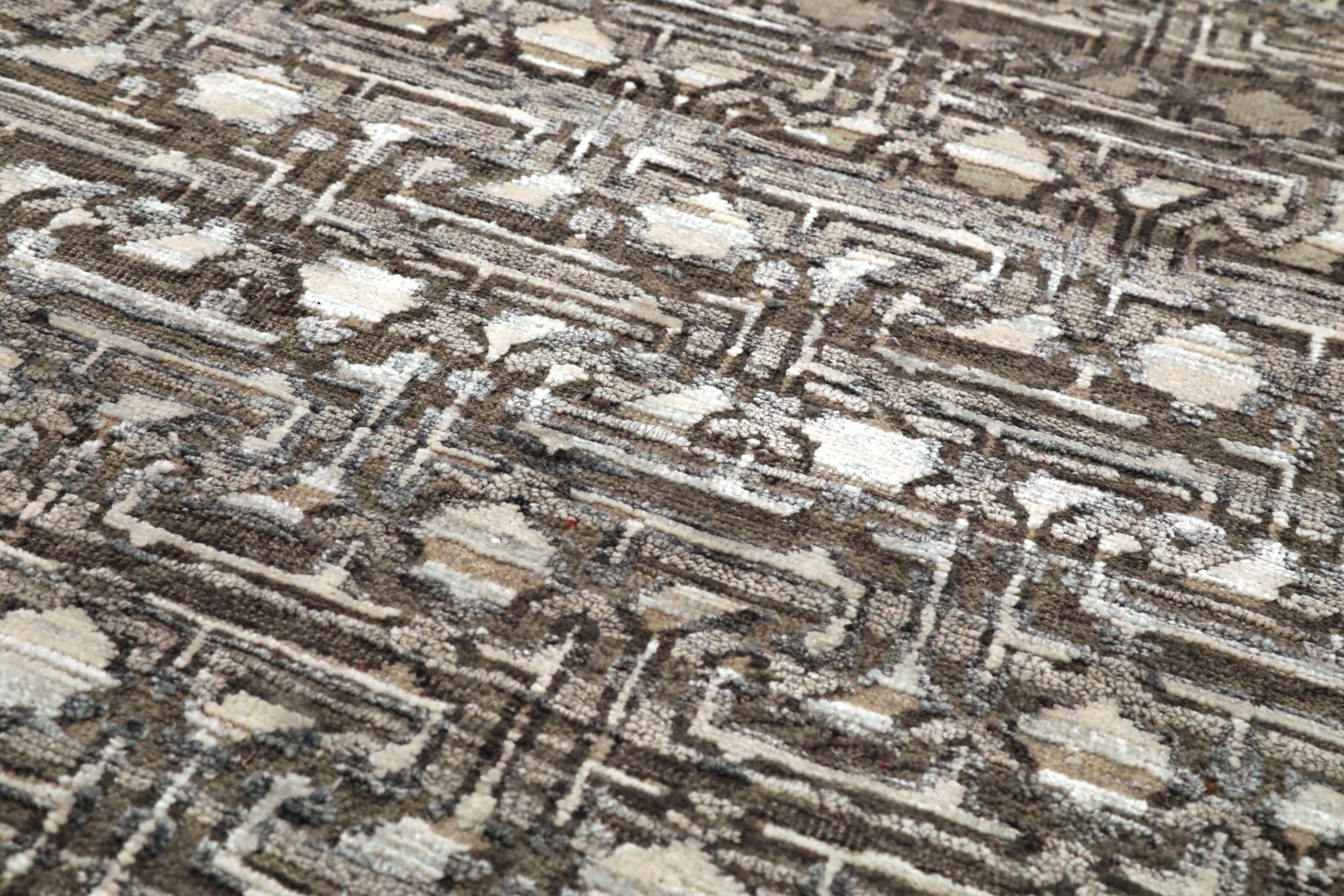 India Modern Runner Rug - Wool Brown Ivory Design - 94202 (Moderne) im Angebot