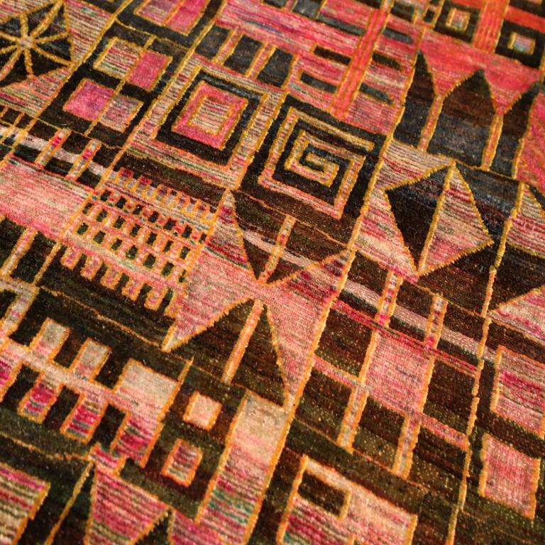 Indian India Modern Runner Rug - Wool Brown Ivory Pink Red Design - 94216 For Sale