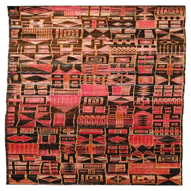 India Modern Runner Rug - Wool Brown Ivory Pink Red Design - 94216 For Sale