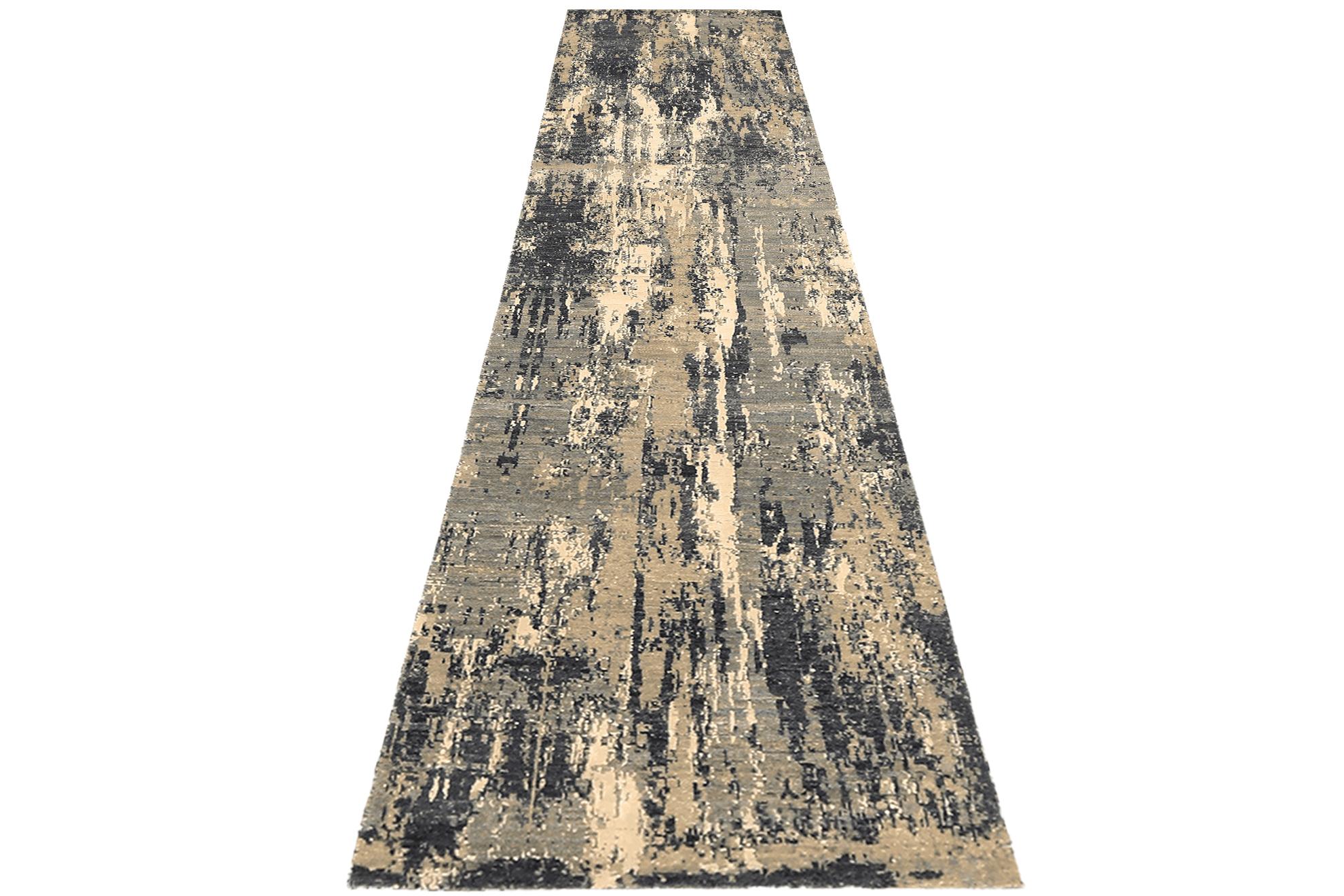 Moderner indischer Läufer aus Wolle - grau- elfenbeinfarbenes Design - 94279 (Indisch) im Angebot