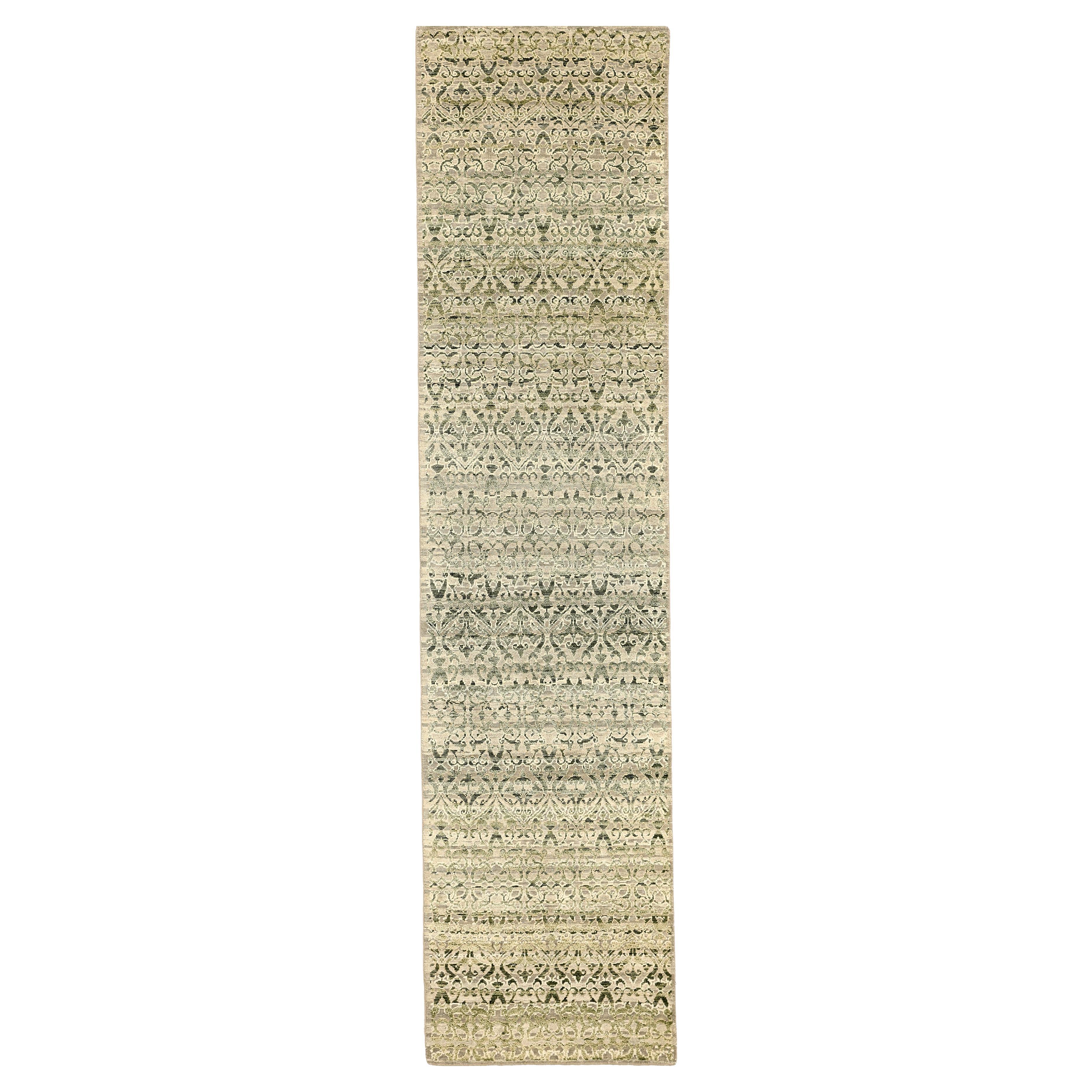Moderner indischer Läufer - Wolle Grün Elfenbein Design - 94189