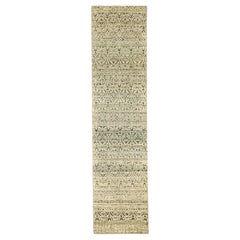 Vintage India Modern Runner Rug - Wool Green Ivory Design - 94189