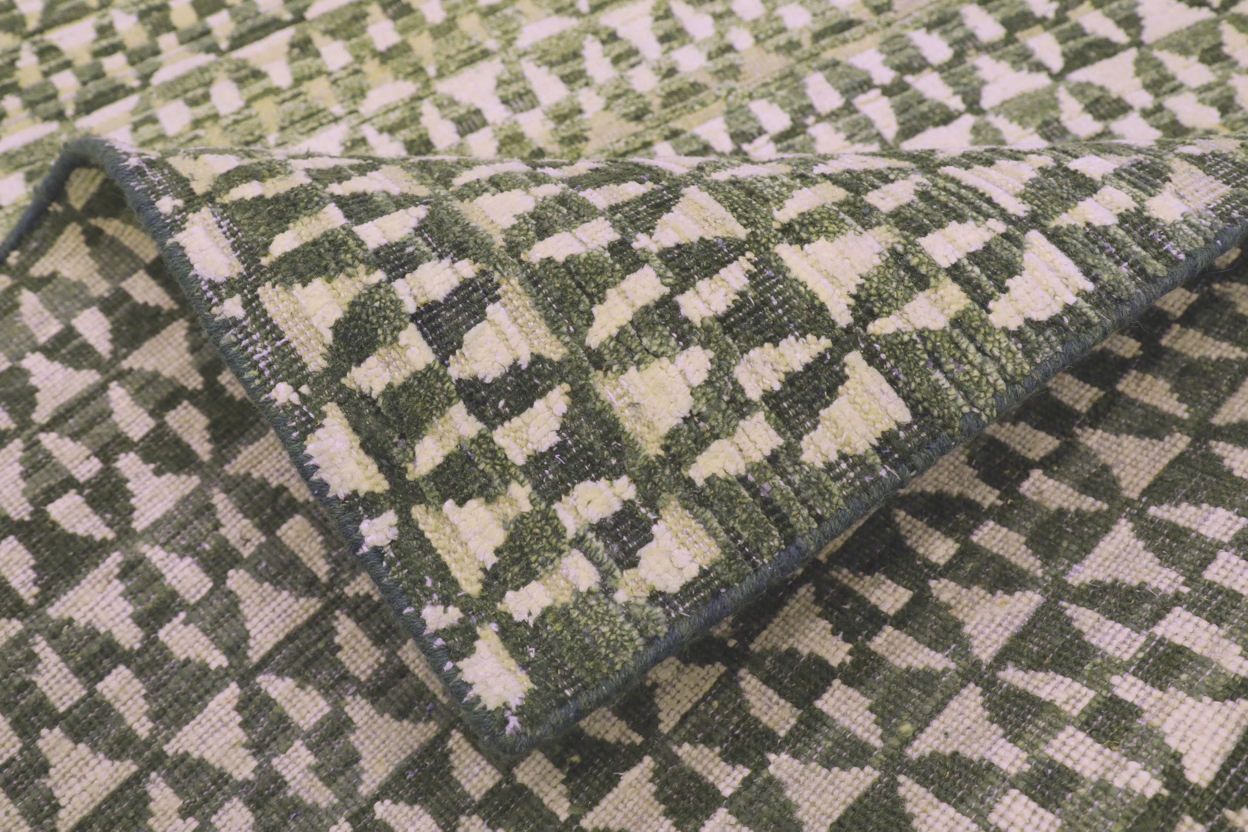 Moderner indischer Läufer - Wolle Grün Elfenbein Design - 94191 im Zustand „Hervorragend“ im Angebot in Dallas, TX