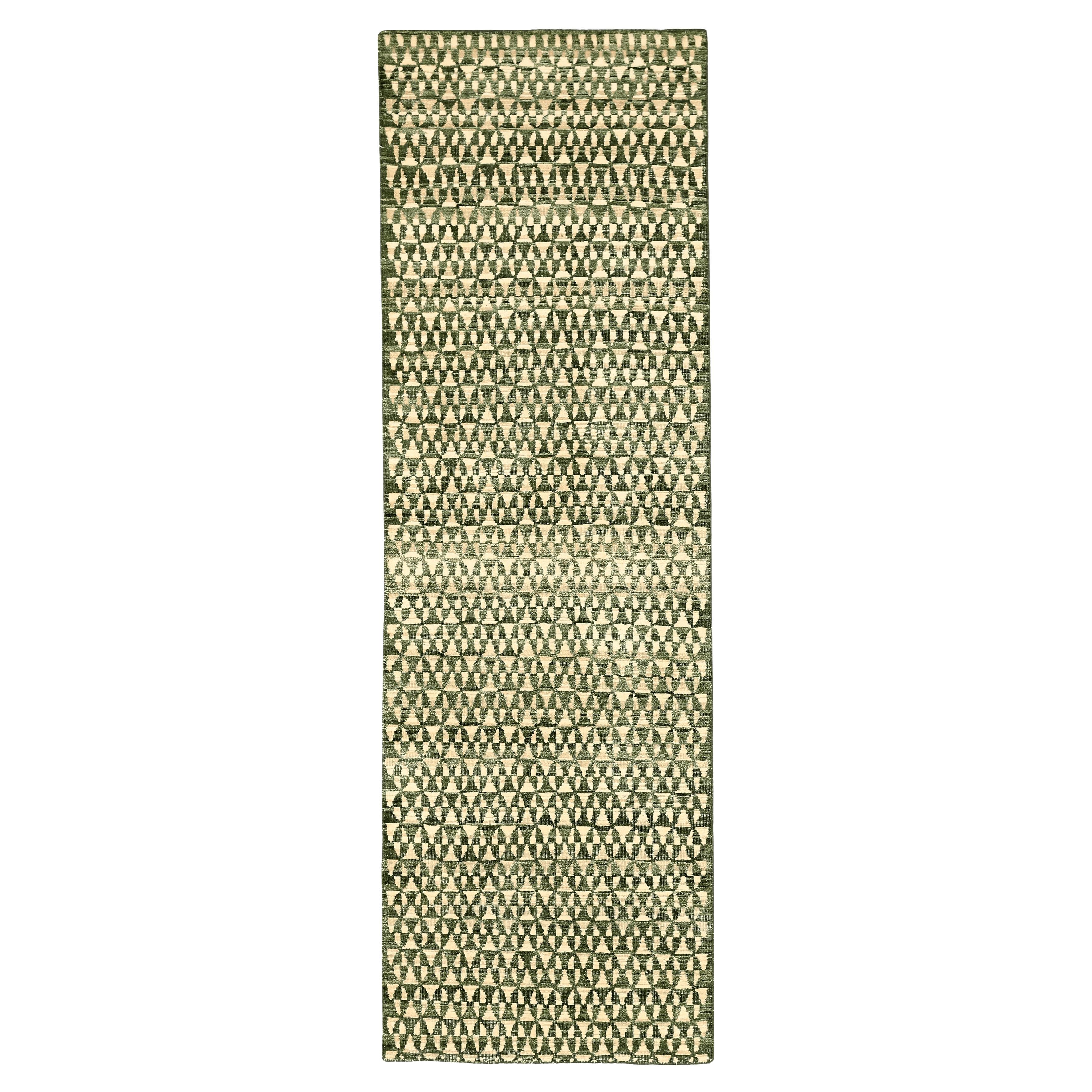 Moderner indischer Läufer - Wolle Grün Elfenbein Design - 94191