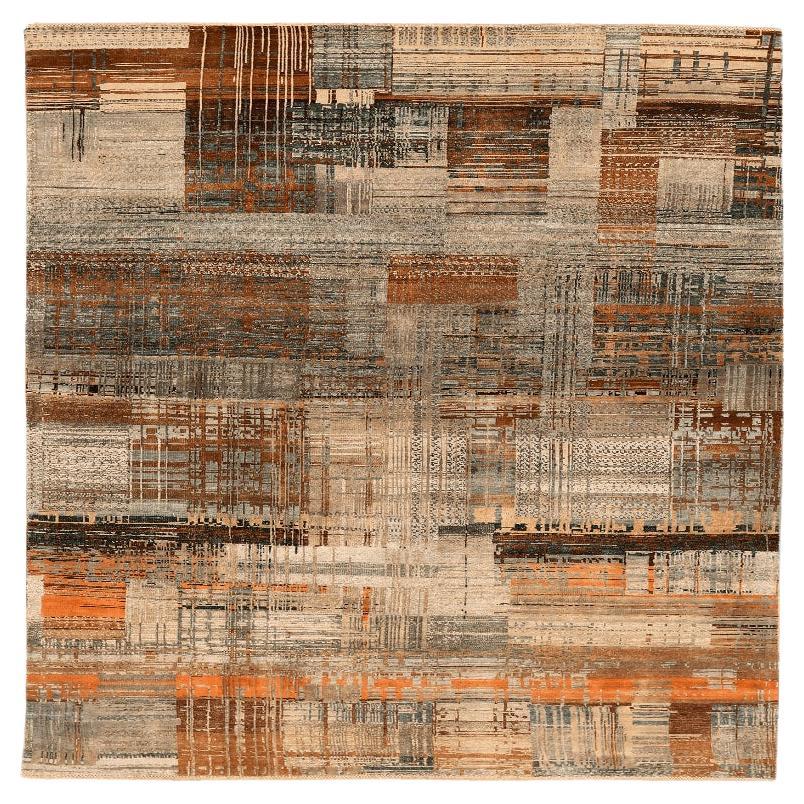 India Modern Small Rug - Wool Black Gray Ivory Orange Design - 94254 im Angebot
