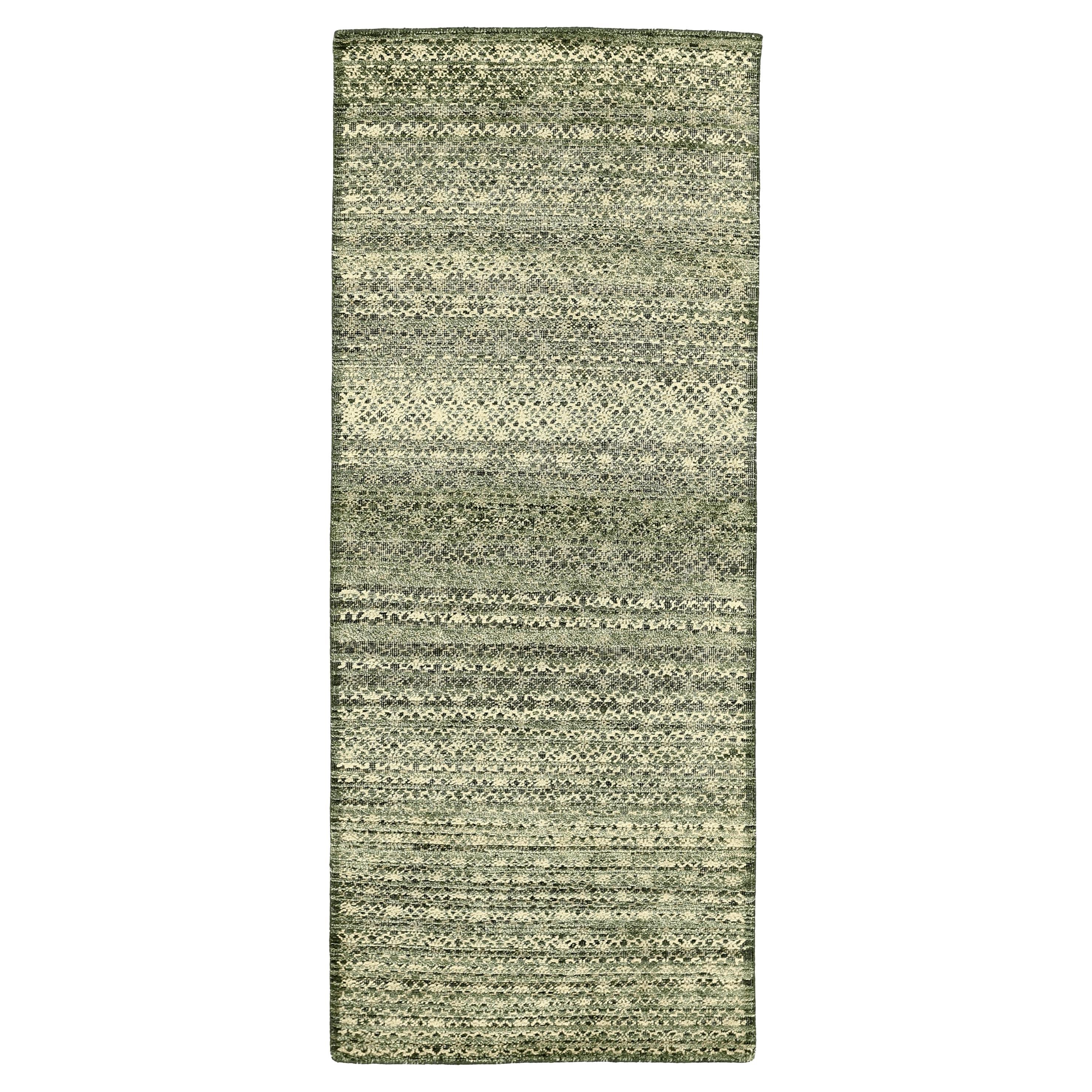 Petit tapis moderne indien - Design vert ivoire en laine - 94190