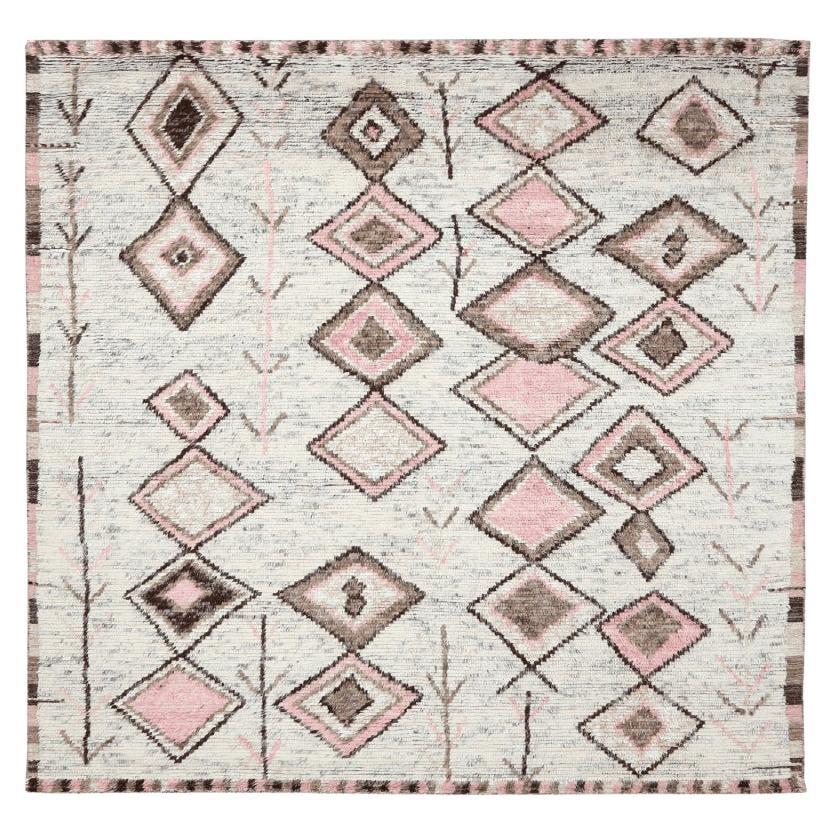 India Moroccan Area Rugs - Wool Ivory Pink Design - 94505