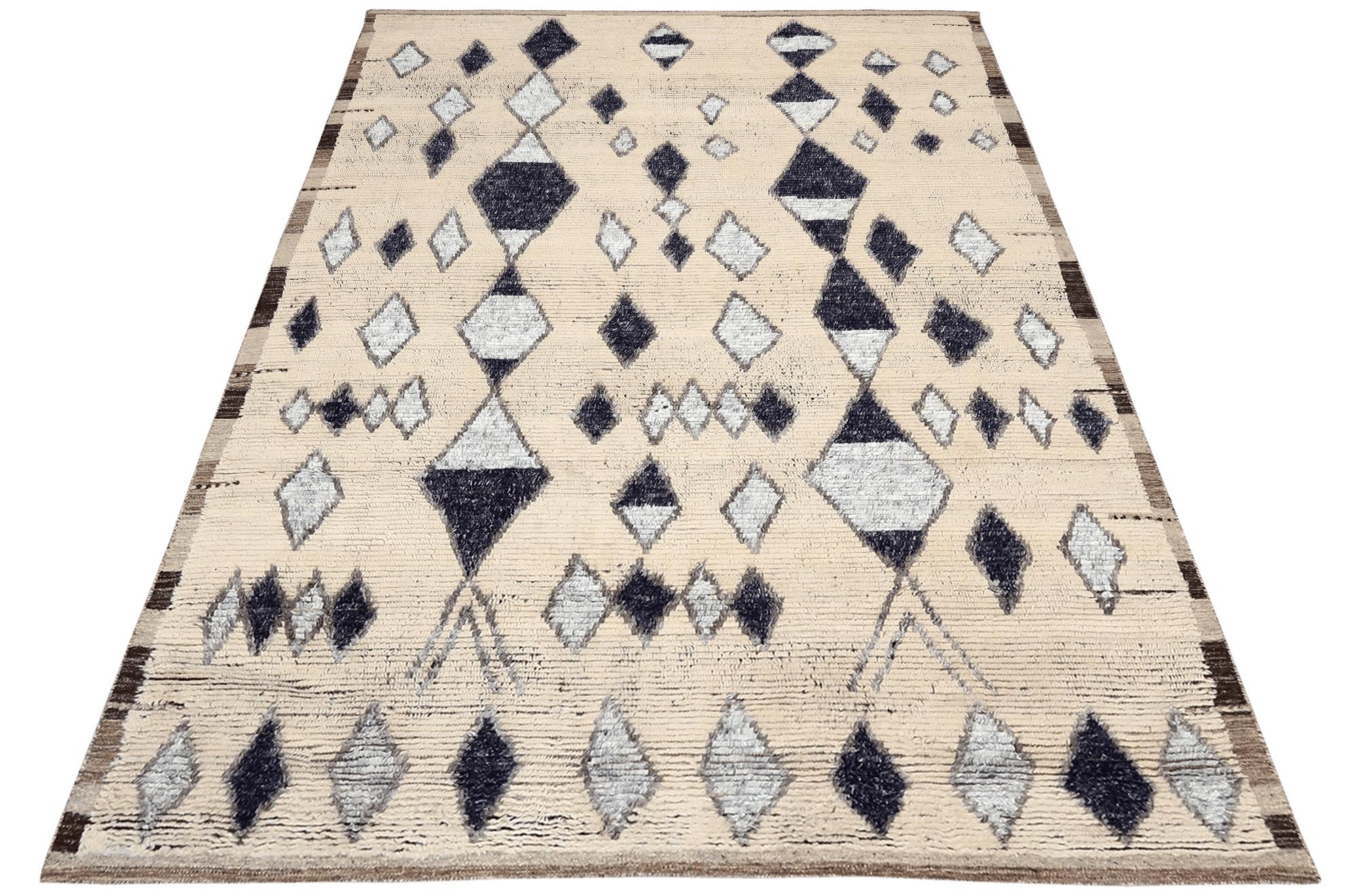 Moderno Tappeto India Moroccan Over Size - Lana Bianco e Nero Avorio - 94527 in vendita