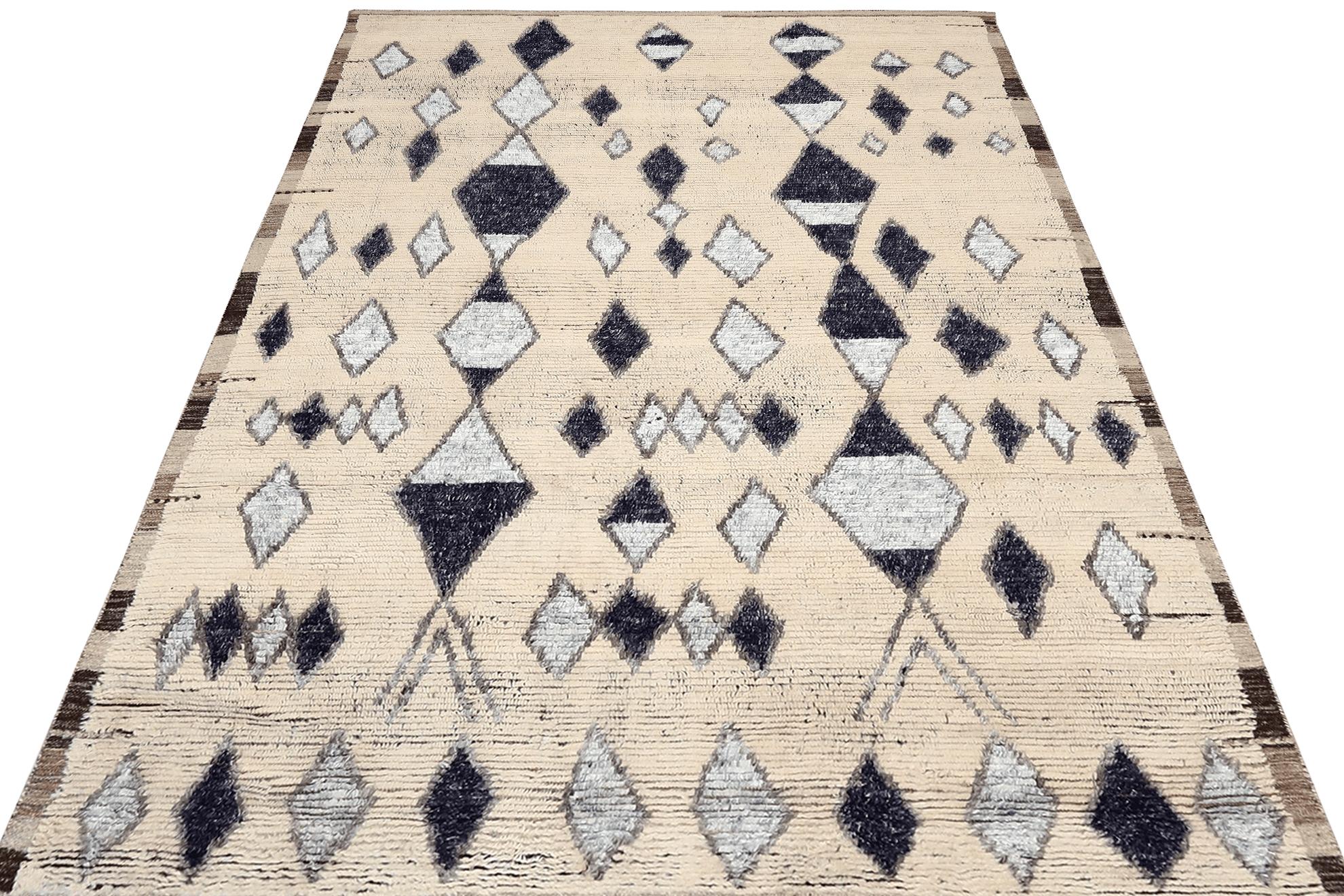 Indiano Tappeto India Moroccan Over Size - Lana Bianco e Nero Avorio - 94527 in vendita