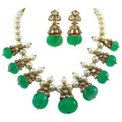 Diamond Emerald Pearl Yellow Gold India Motif Reversible Suite