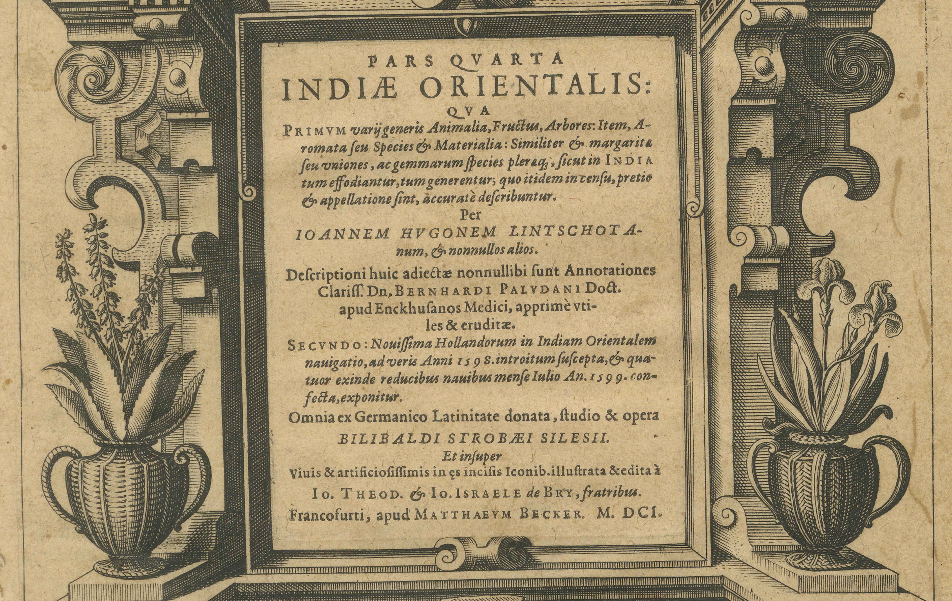India Orientalis Title Page, Linschoten Voyages, de Bry Engraving c.1601