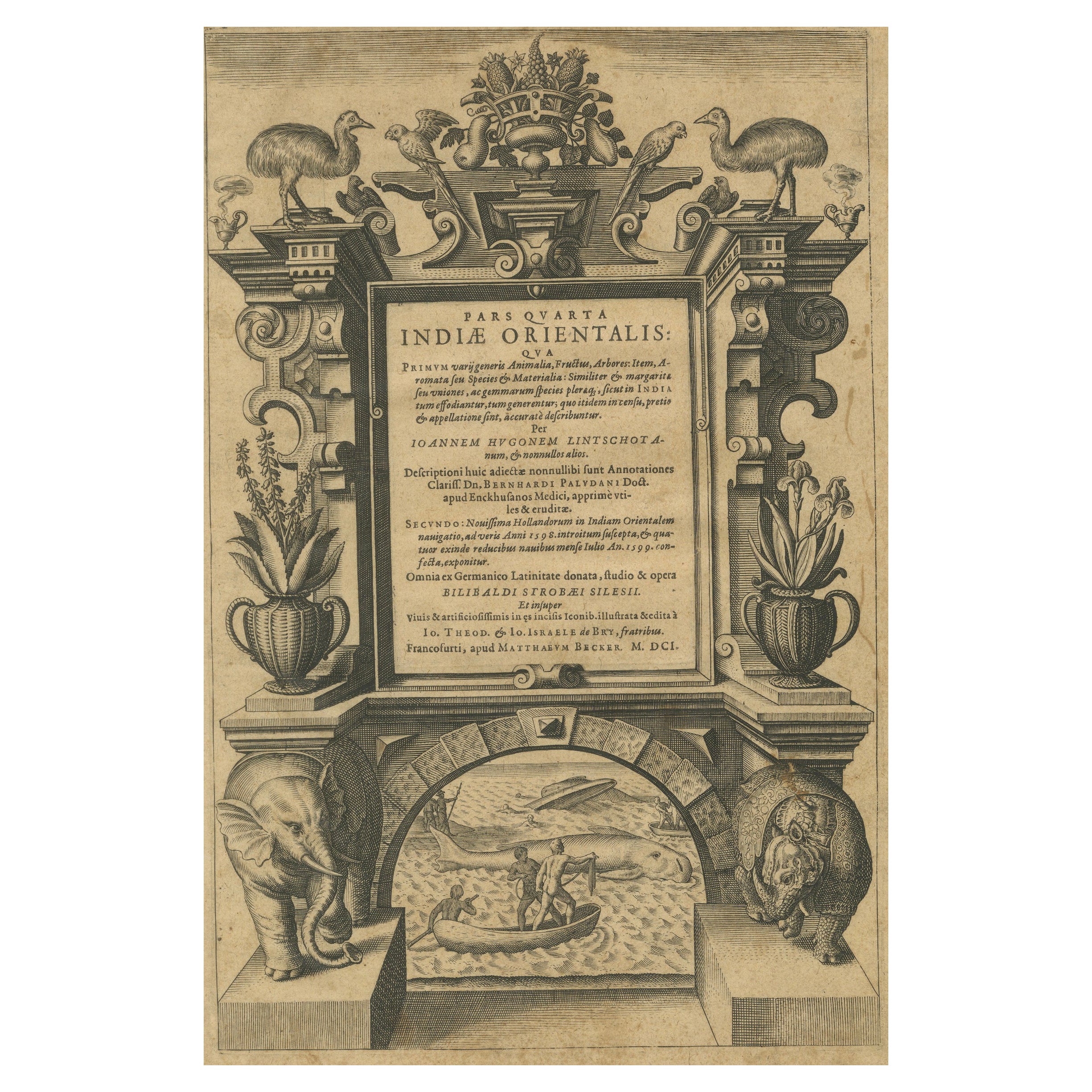 India Orientalis Title Page, Linschoten Voyages, de Bry Engraving c.1601 For Sale