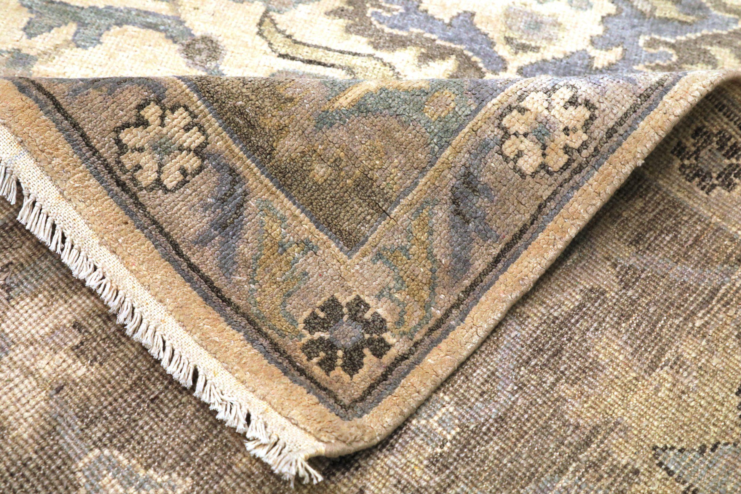 Indian India Oushak Area Rugs - Wool Brown Yellow Design - 94167 For Sale
