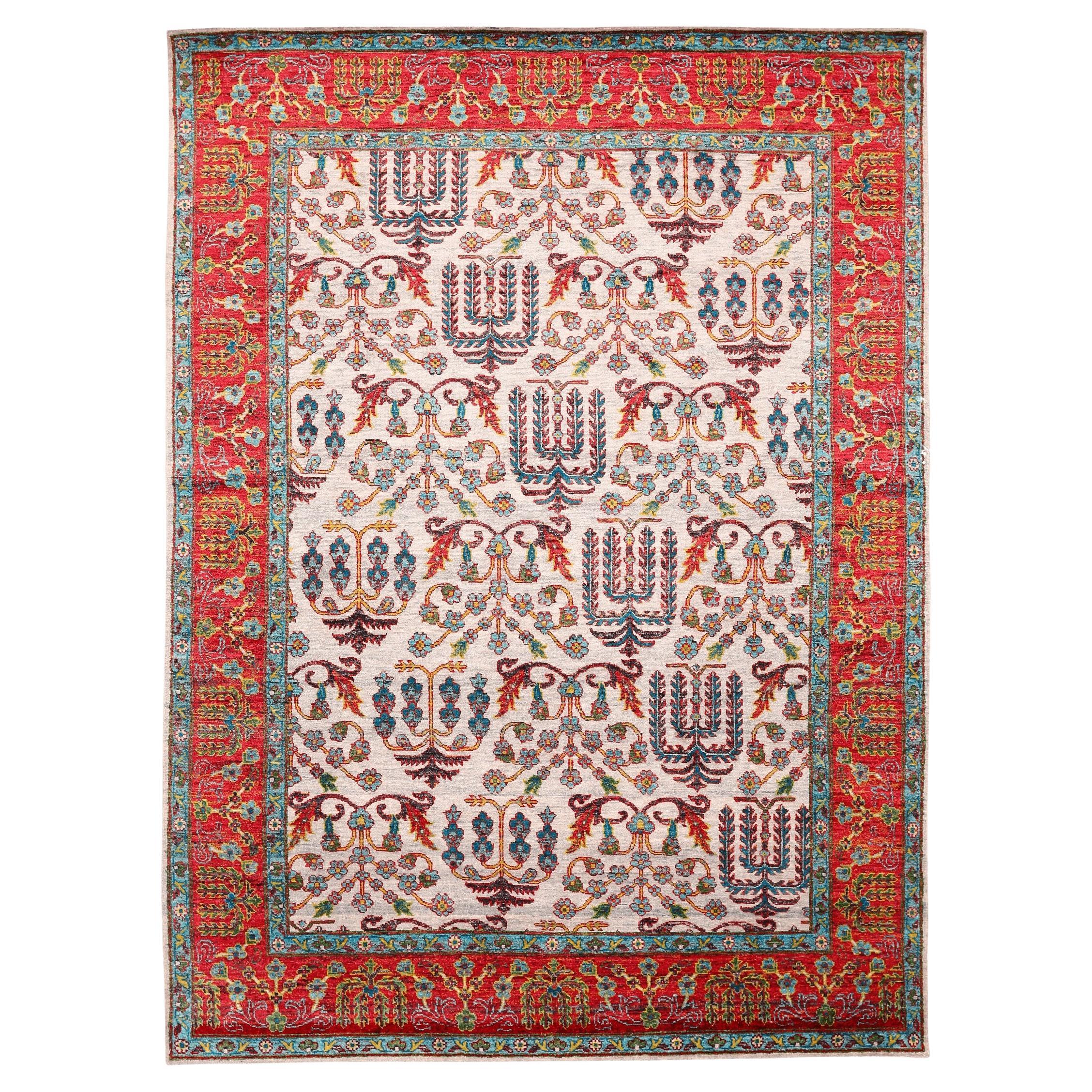 Oushak-Teppiche Indiens - Wolle Elfenbeinrot Design - 94095 im Angebot