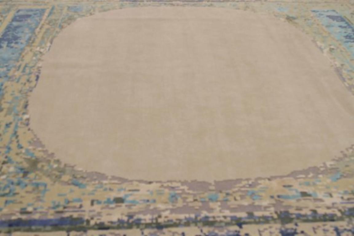 Modern India Over Size Rug Circa 1990 - Wool Blue Green Ivory Purpel Design - 91780 For Sale