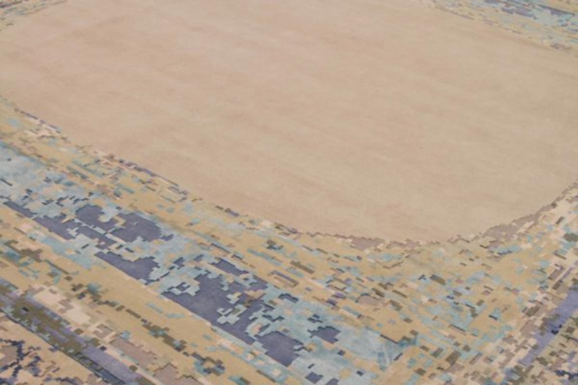 Indian India Over Size Rug Circa 1990 - Wool Blue Green Ivory Purpel Design - 91780 For Sale