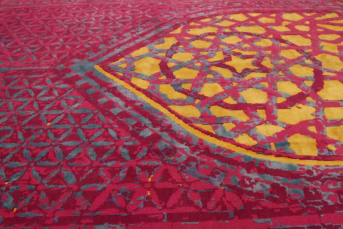 Modern India Over Size Rug Circa 1990 - Wool Blue Pink Yellow Design - 91724 For Sale