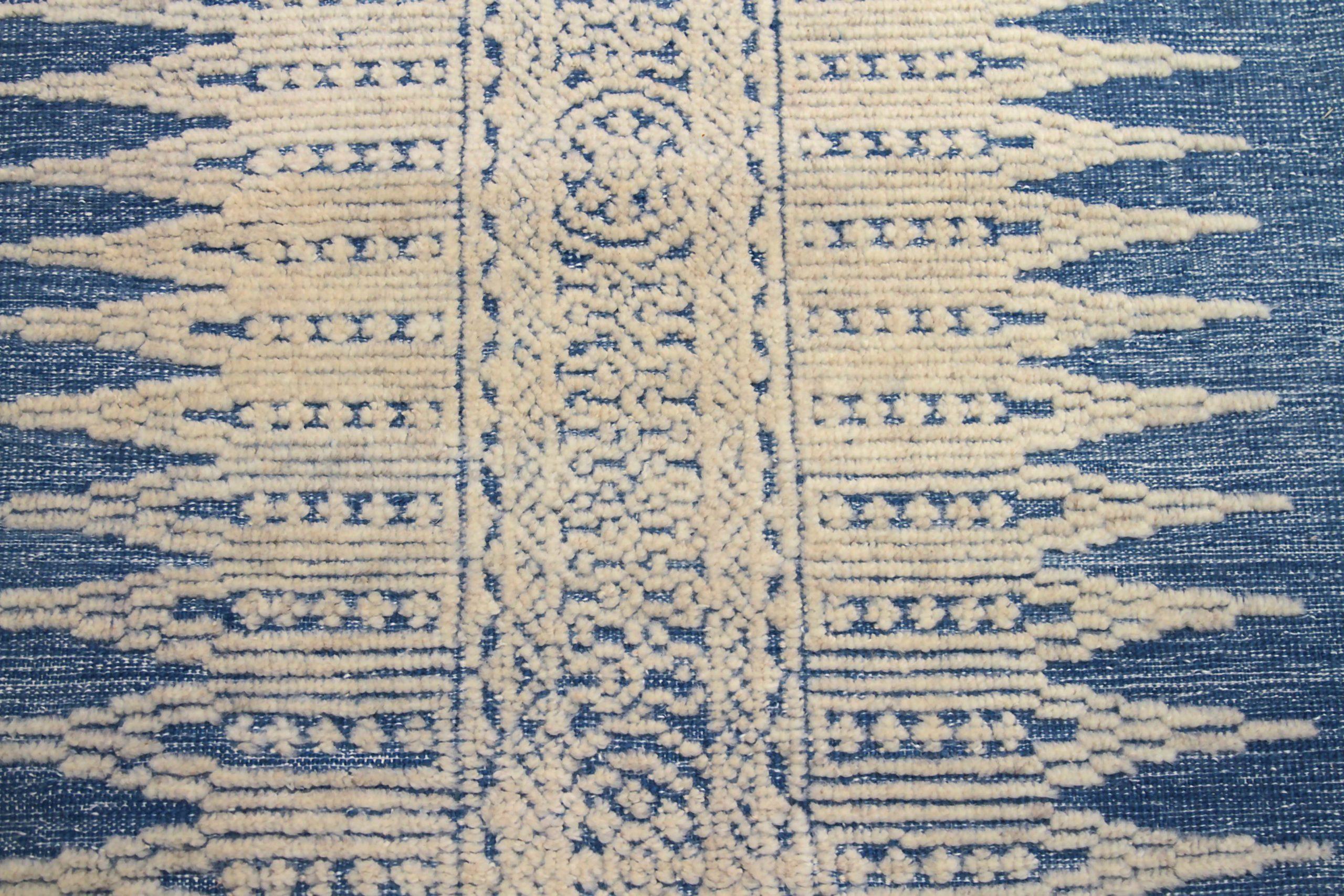 Indiano Tappeti India Rabat Area Circa 1990 - Lana Blu Avorio Design - 90609 in vendita