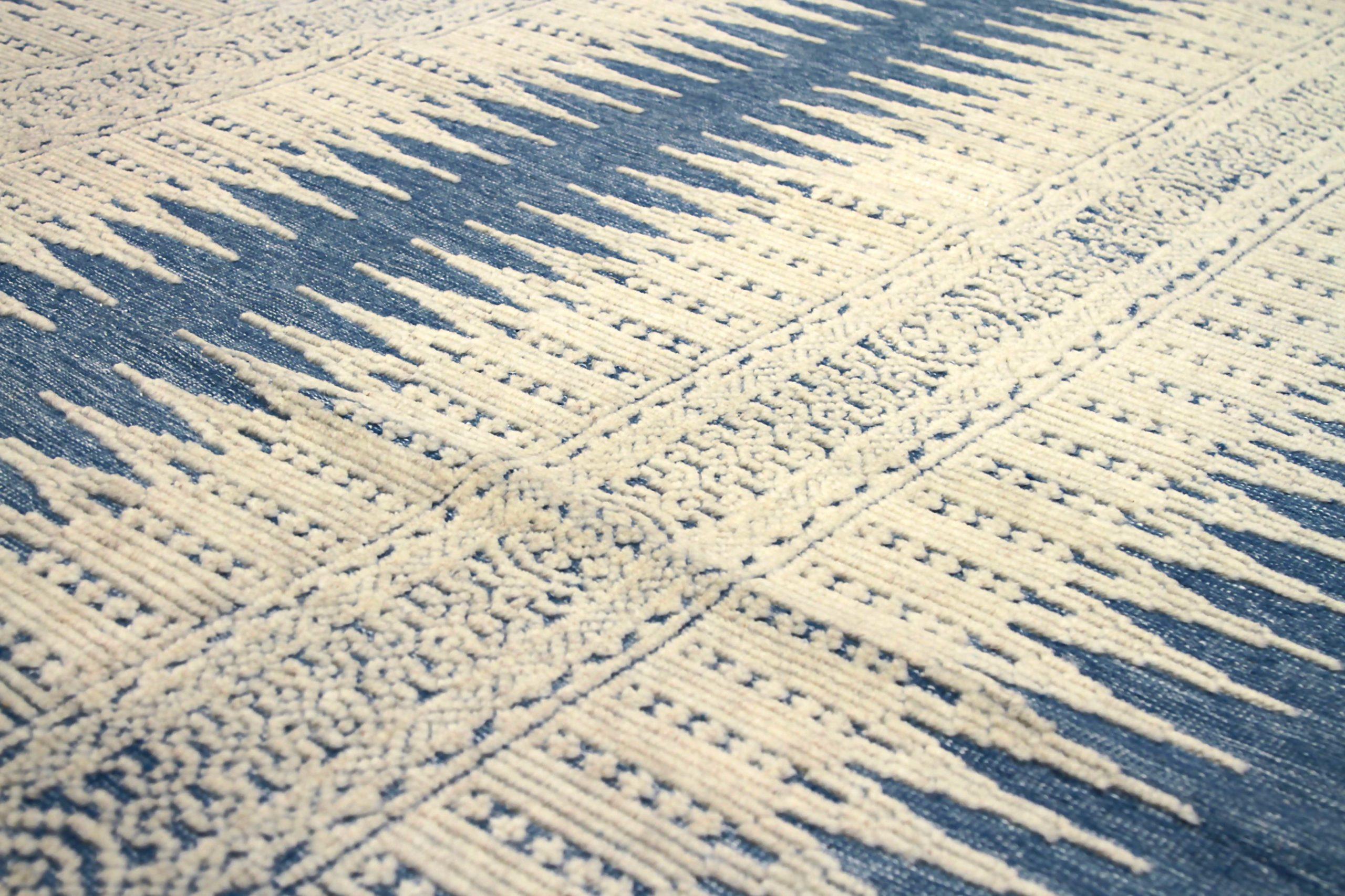 XX secolo Tappeti India Rabat Area Circa 1990 - Lana Blu Avorio Design - 90609 in vendita