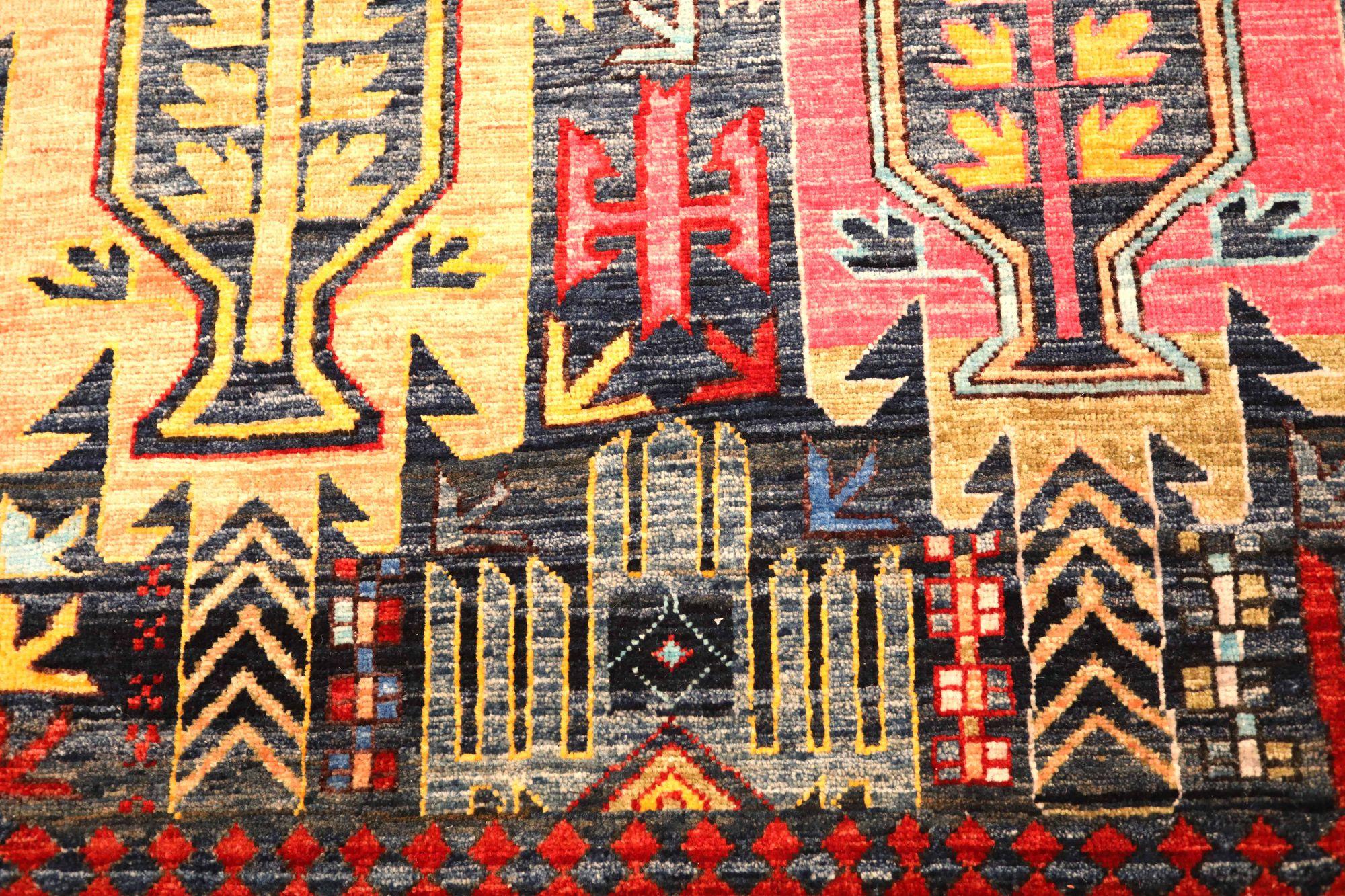 Indien Tapis d'Inde - Laine ivoire rose rouge jaune motif étoilé - 93577 en vente