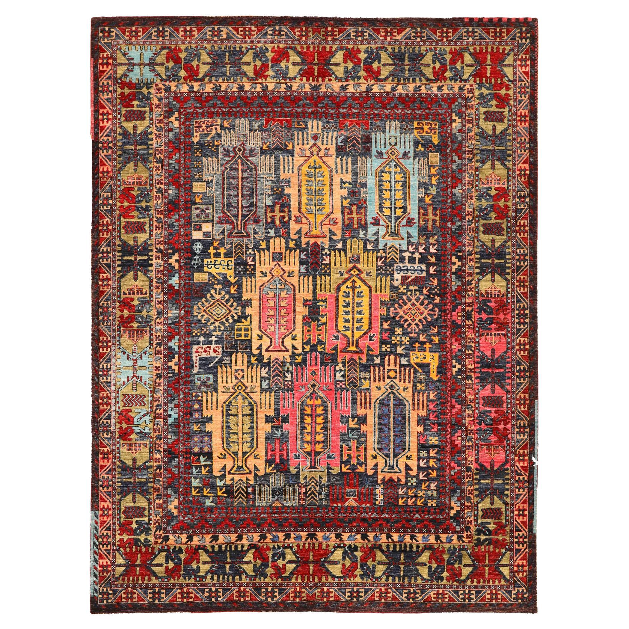 Tapis d'Inde - Laine ivoire rose rouge jaune motif étoilé - 93577