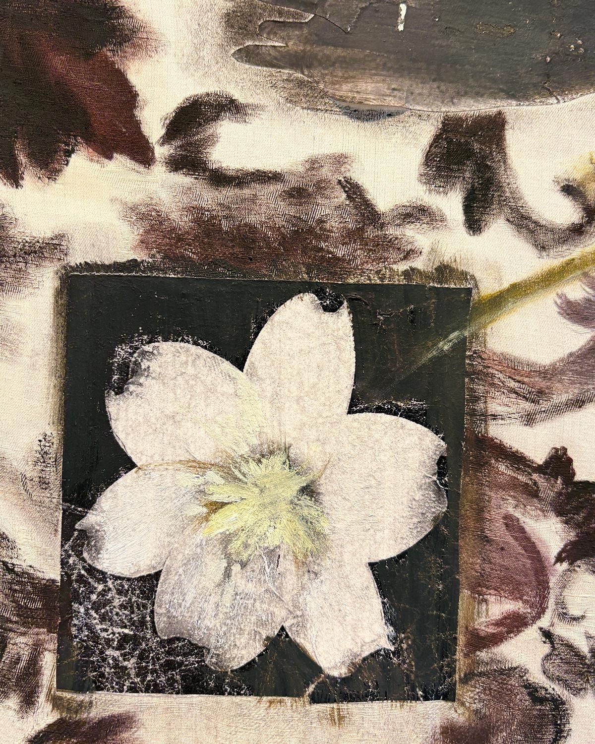 Lenzuolo (pittura surrealista e collage su tessuto in bianco, nero e giallo) - Painting Contemporaneo di India Sachi