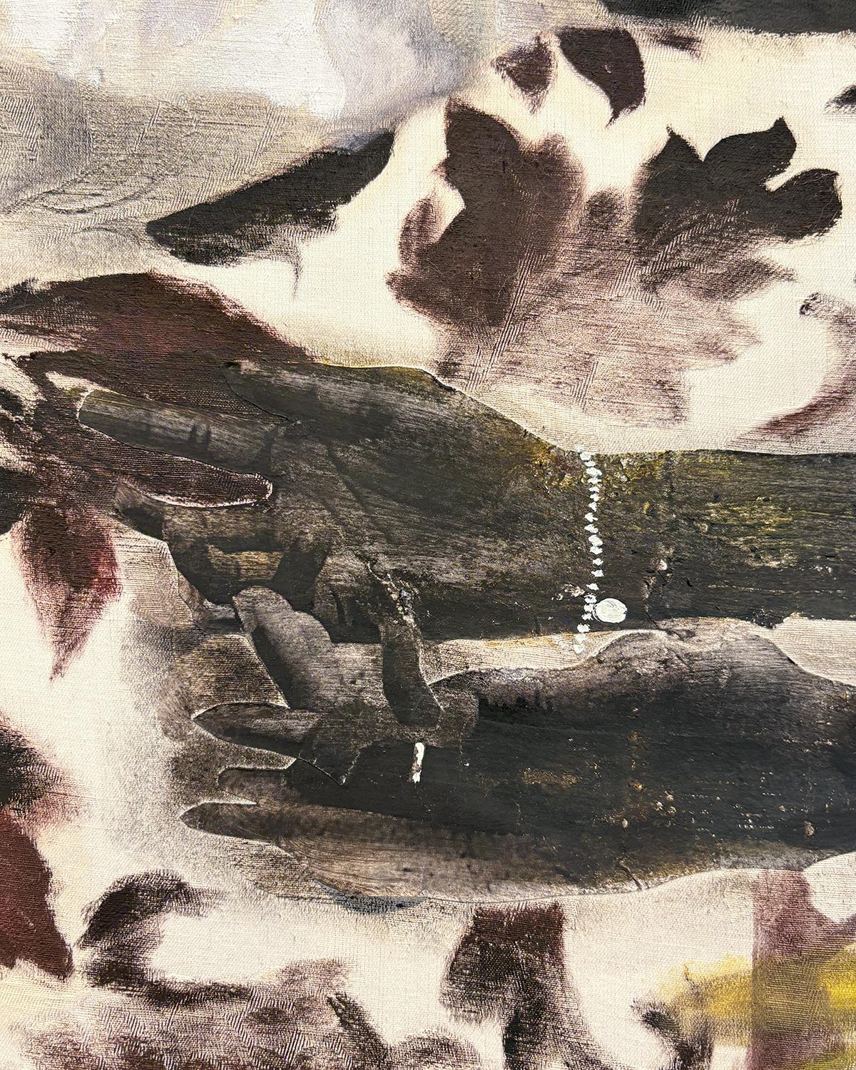 Lenzuolo (pittura surrealista e collage su tessuto in bianco, nero e giallo) - Figurative Painting Nero di India Sachi