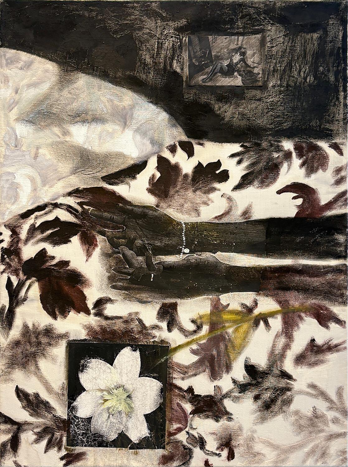Figurative Painting di India Sachi - Lenzuolo (pittura surrealista e collage su tessuto in bianco, nero e giallo)