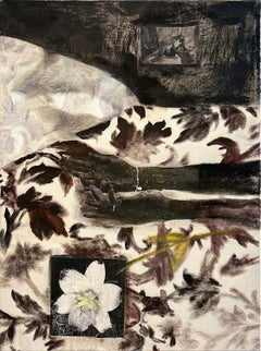 Lenzuolo (pittura surrealista e collage su tessuto in bianco, nero e giallo)