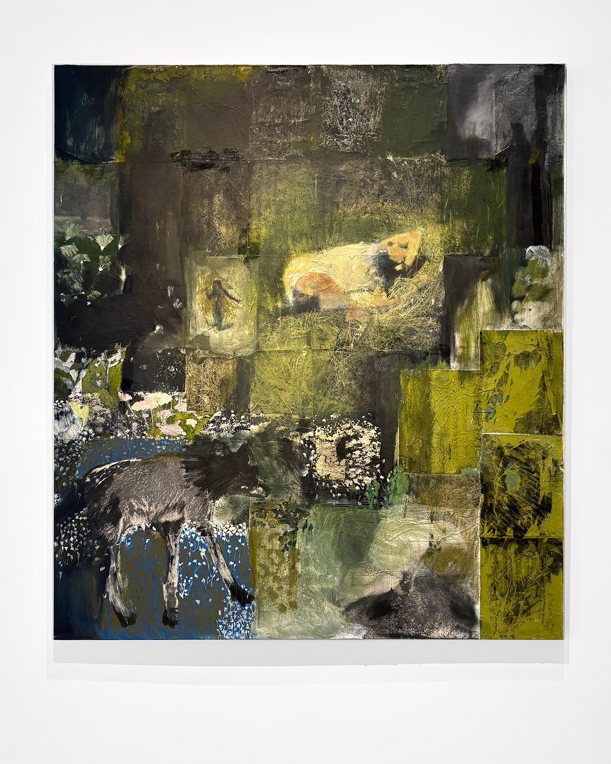 Coyote (Pintura figurativa surrealista negra, verde y azul) - Painting de India Sachi