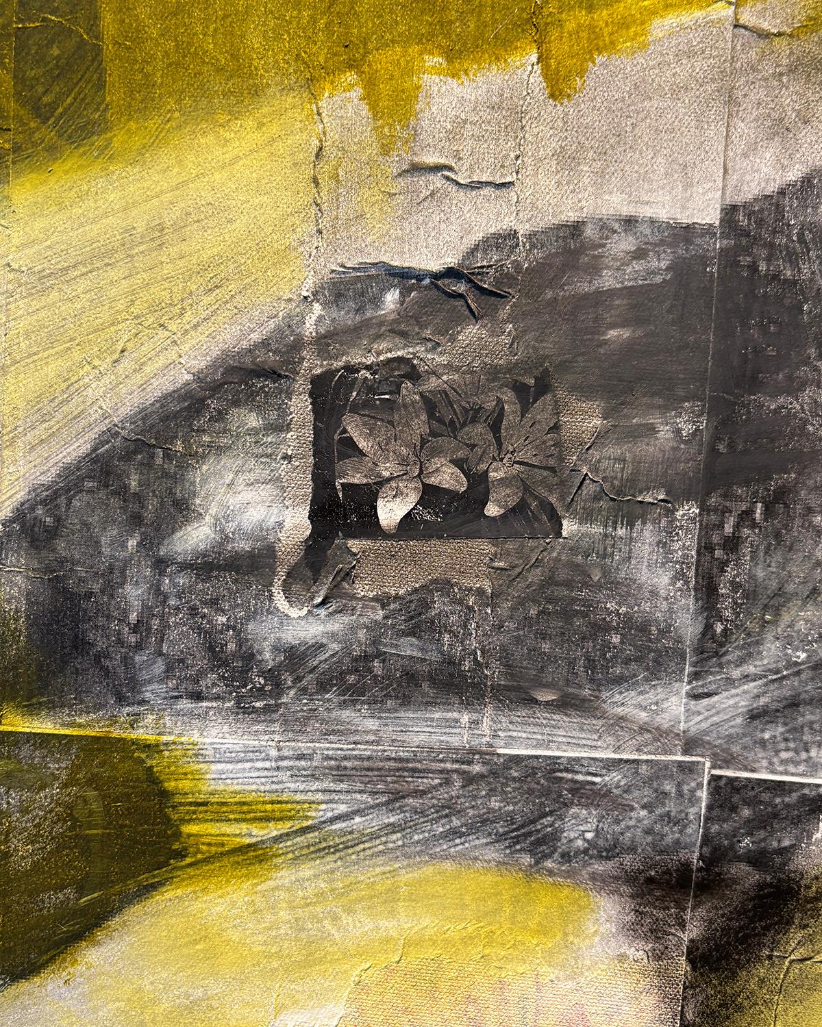 Daytime Napping (collage di tessuti sotto un dipinto a olio surrealista giallo e nero) in vendita 5