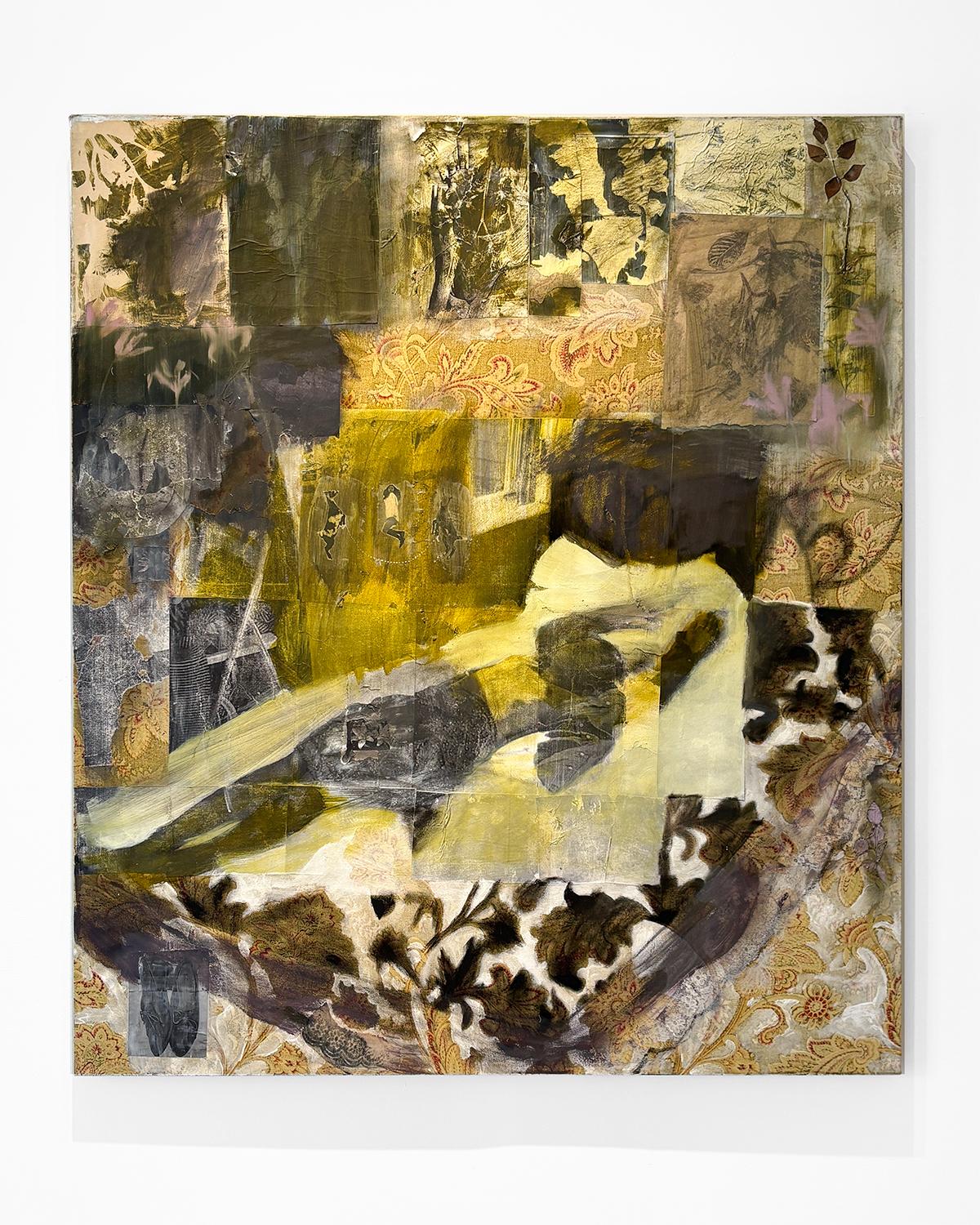 Daytime Napping (collage di tessuti sotto un dipinto a olio surrealista giallo e nero) - Painting di India Sachi