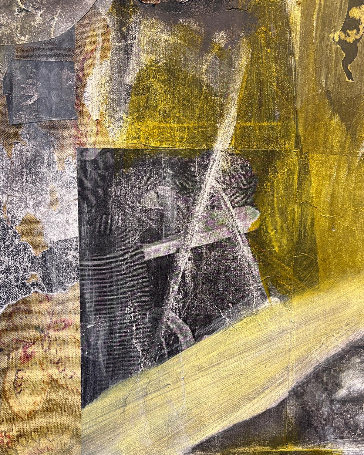 Daytime Napping (collage di tessuti sotto un dipinto a olio surrealista giallo e nero) - Painting Contemporaneo di India Sachi
