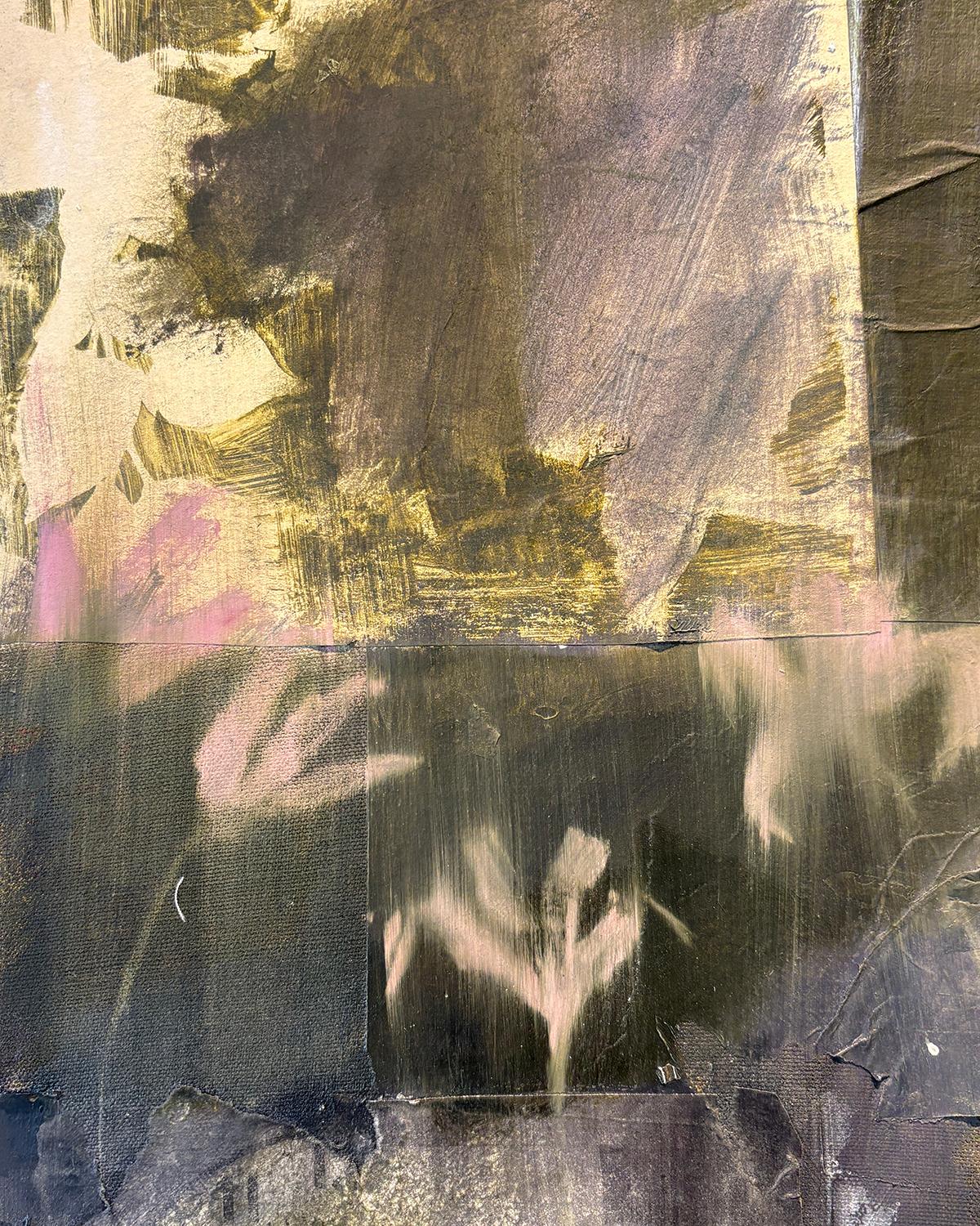 Daytime Napping (collage di tessuti sotto un dipinto a olio surrealista giallo e nero) in vendita 1